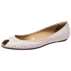 Beige Embellished Glitter Fabric Peep Toe Ballet Flats Size 40