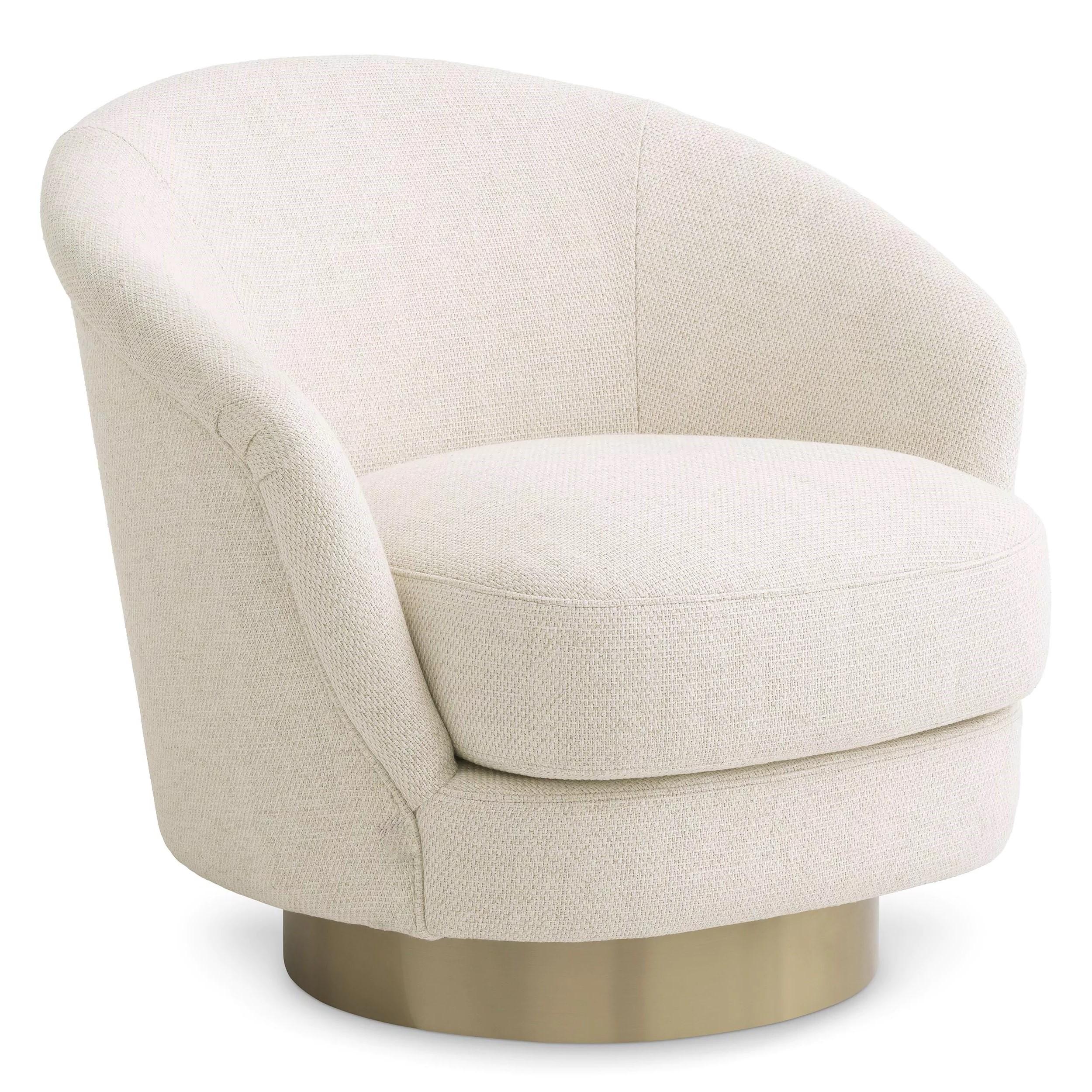 Mid-Century Modern Beige Fabric and Brass Finishes Swivel and Curved Armchair For Sale