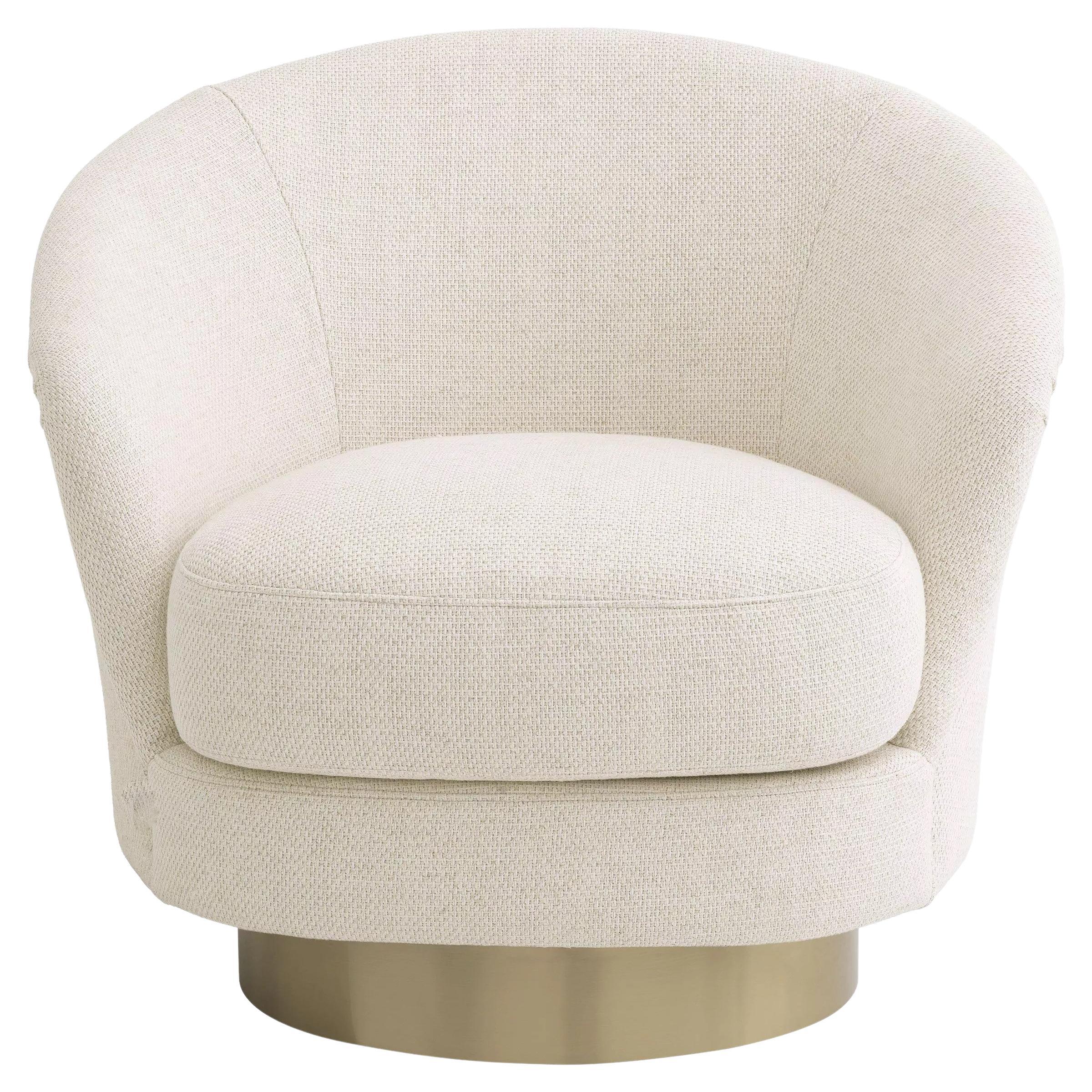 Beige Fabric and Brass Finishes Swivel and Curved Armchair