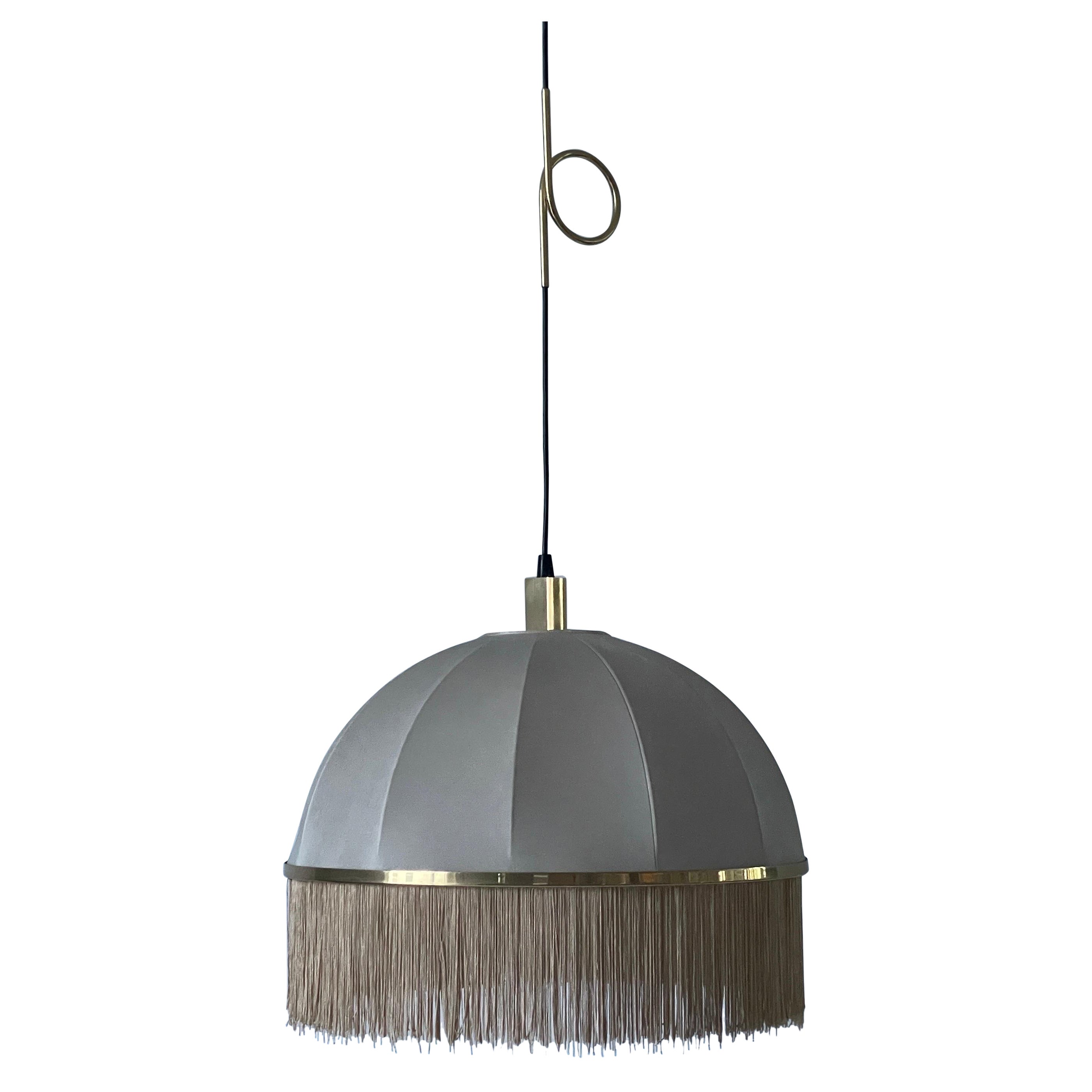 Beige Fabric and Brass Frame with Tassels Ceiling Lamp, 1960s, Italy For Sale