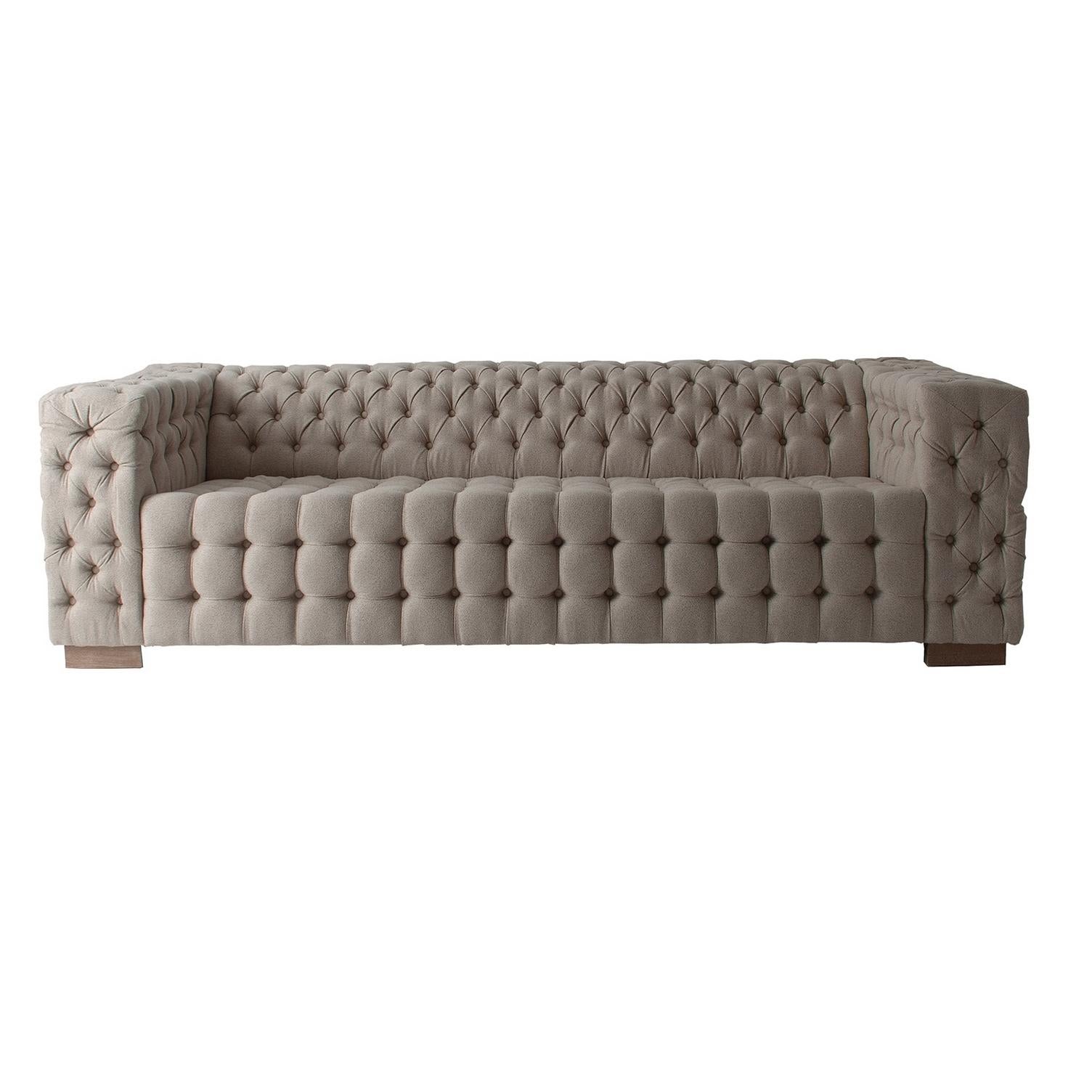 Contemporary Beige Fabric and Wooden Feet Quilted Sofa