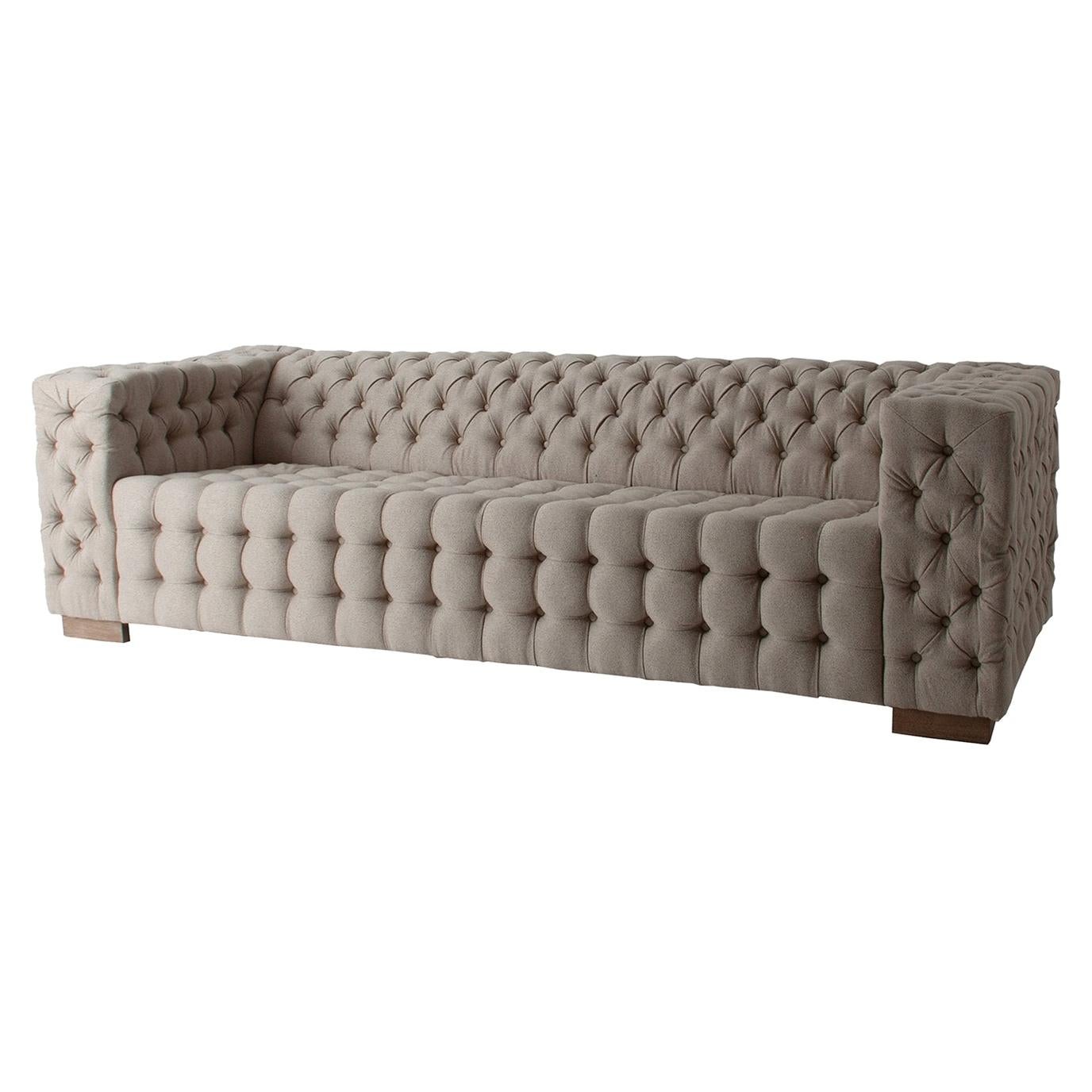 Beige Fabric and Wooden Feet Quilted Sofa