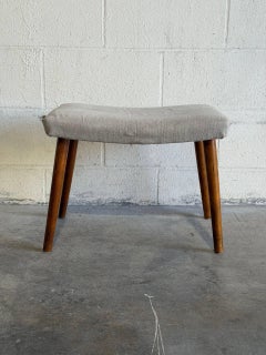 Beige Fabric Ottoman with Walnut Legs Mid-Century Modern 1960s