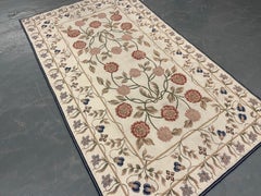 Beige Floral Aubusson Rug Handwoven Wool Needlepoint, Traditional Botanical Rug