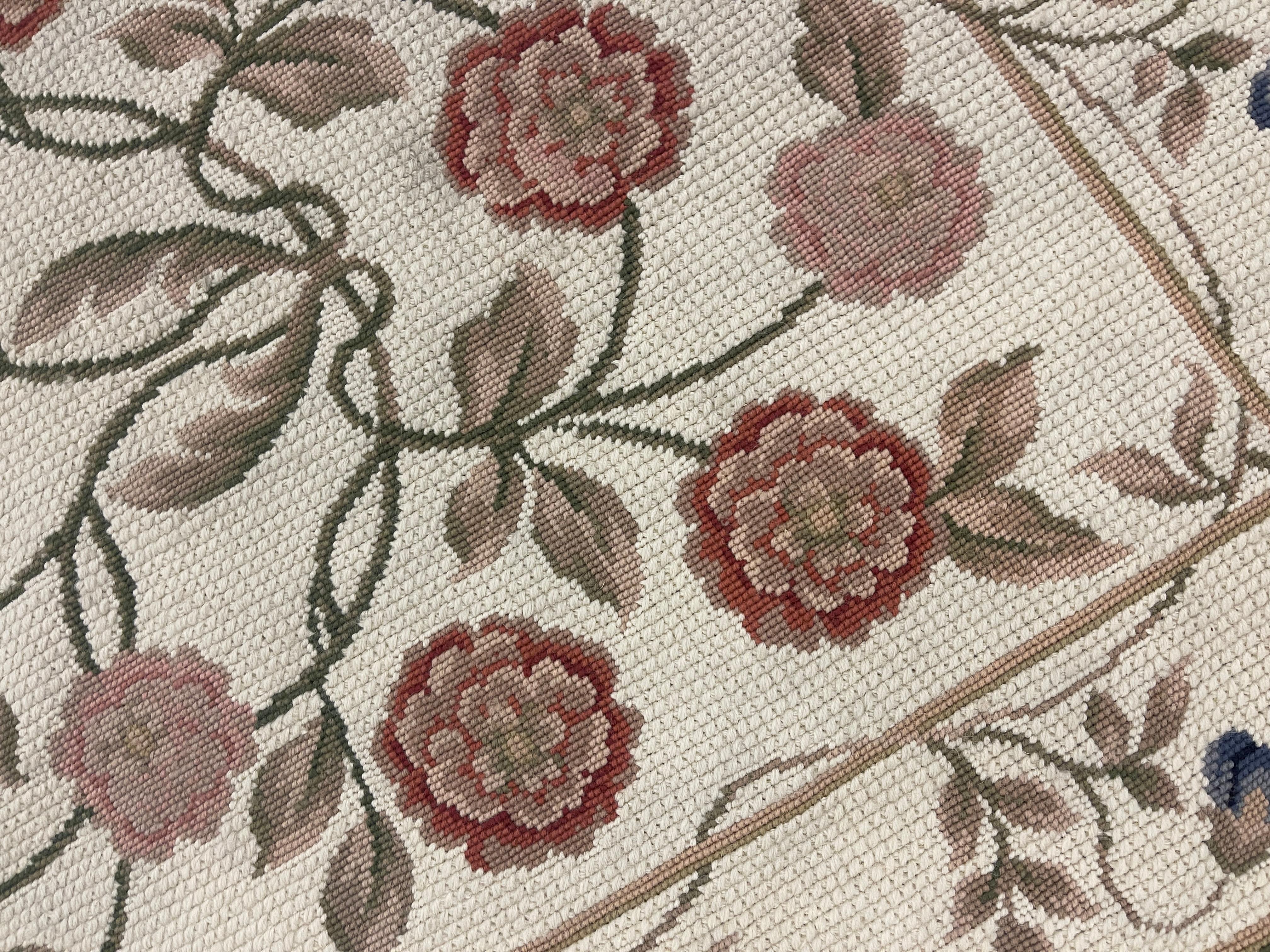 Chinese Beige Floral Aubusson Rug Handwoven Wool Needlepoint, Traditional Botanical Rug For Sale
