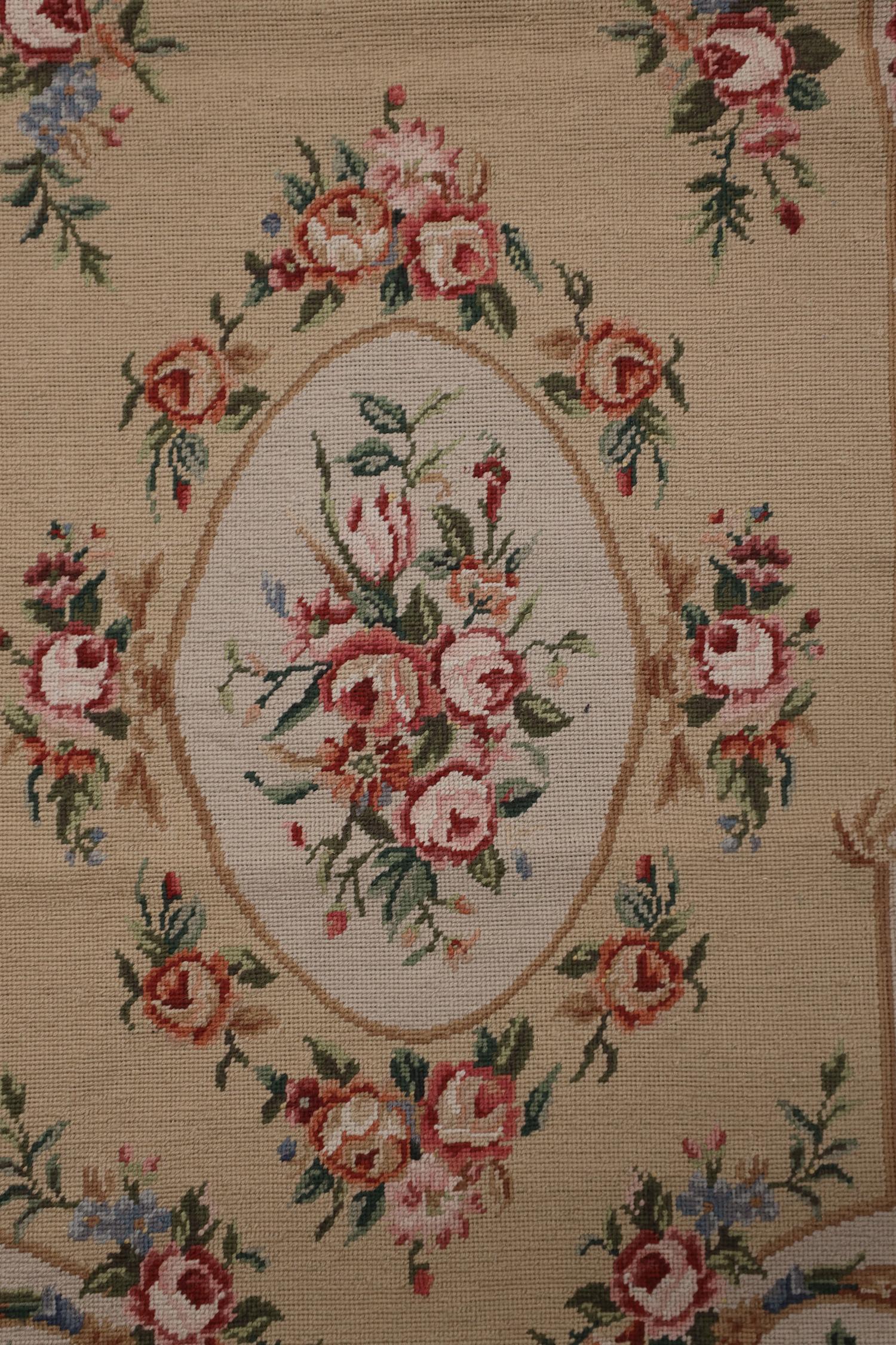 Chinese Beige Floral Needlepoint Rug Traditional Aubusson Runner Wool Area Rug For Sale