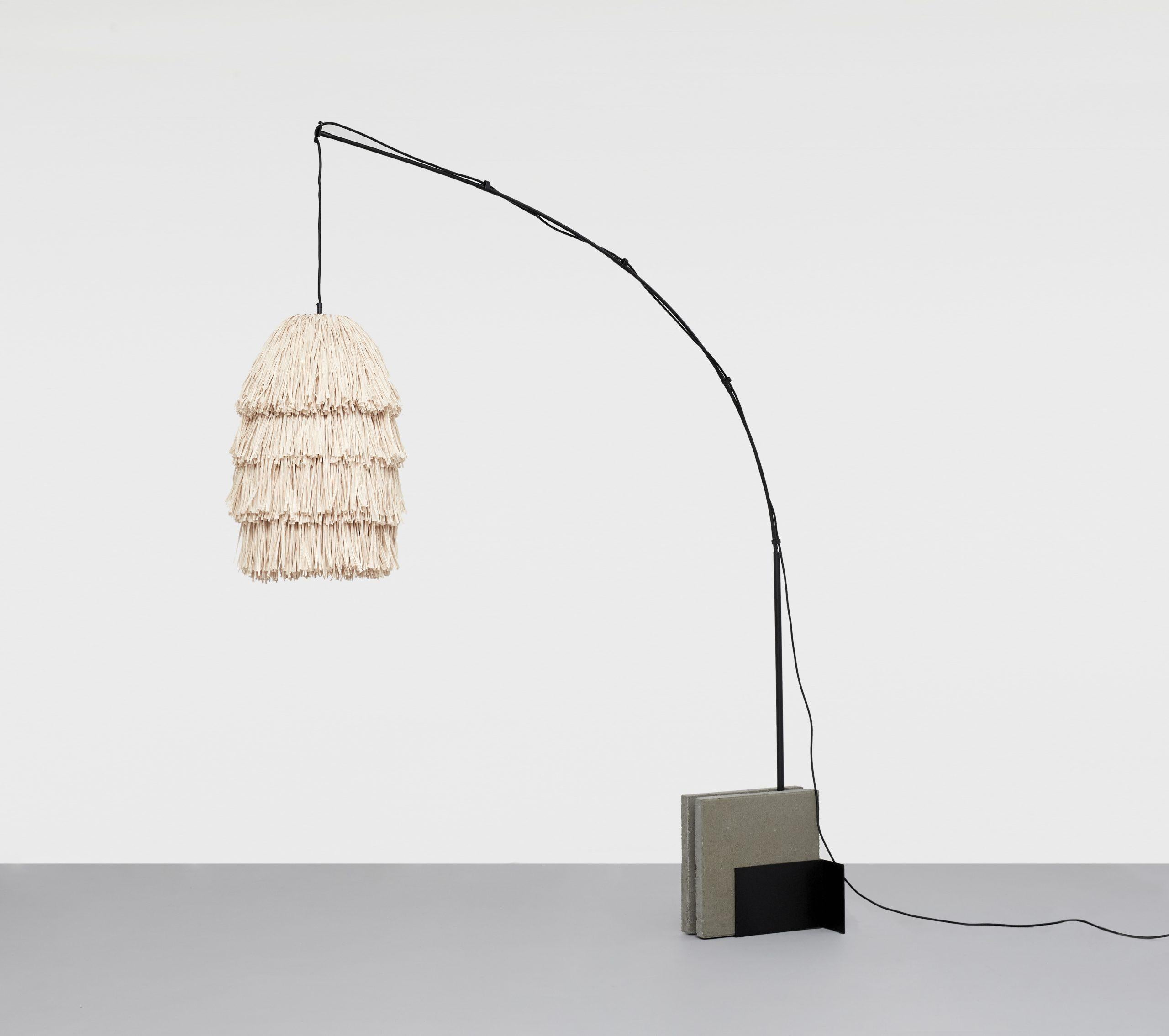 Beige Fran M stand floor lamp by Llot Llov
Handcrafted light object
Dimensions: D 45 x W 205.8 x H 250 cm
Materials: raffia fringes, glass fiber, steel, concrete
Colour: beige
Also available in green, coral, black.

Another member of the FRAN