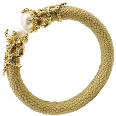 Beige Galuchat Skin Bangle Bracelet with Pearls, White Zirconias, Gold-Plated
