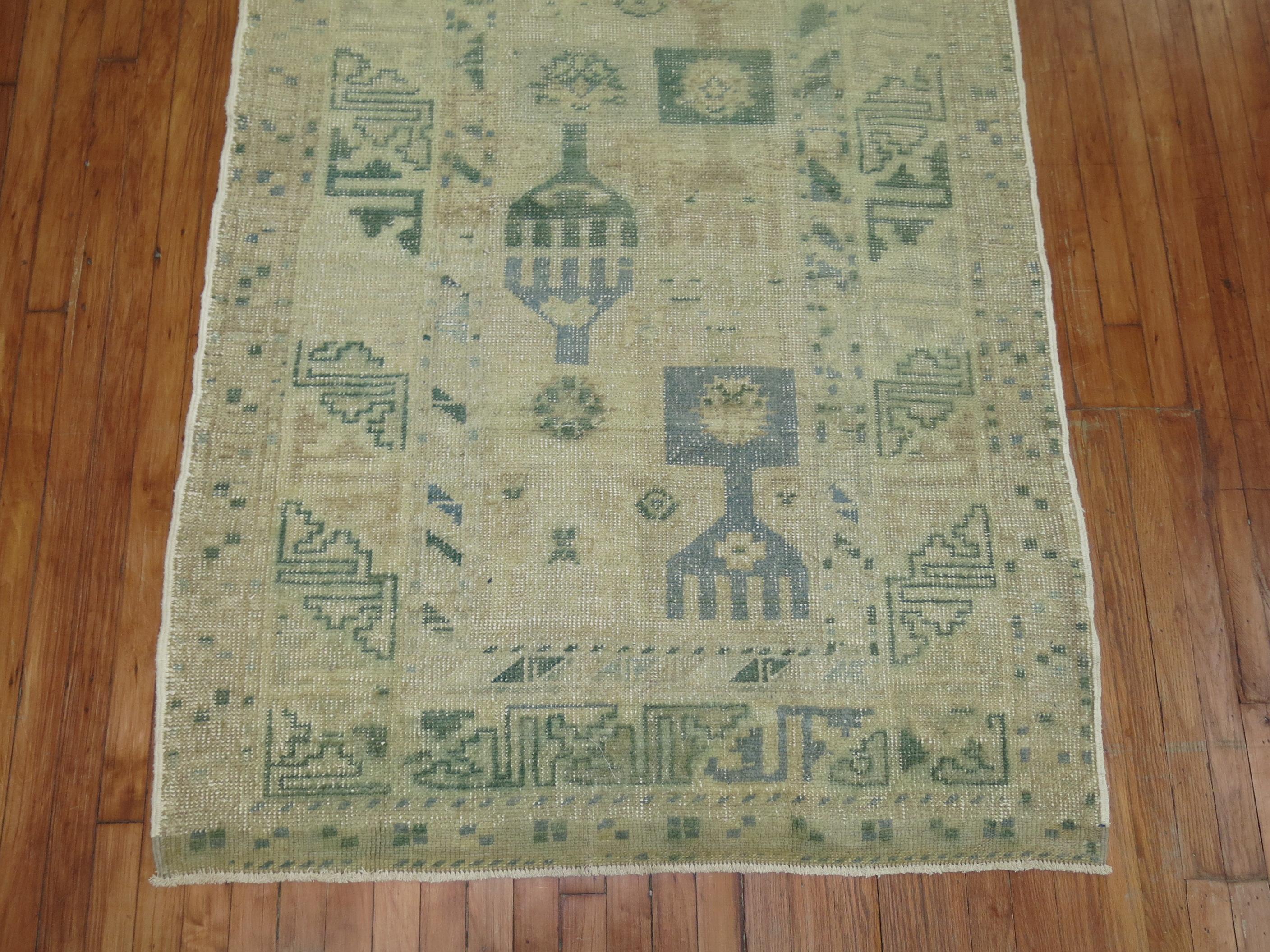 Turkish Beige Green Gray Blue Vintage Oushak Rug