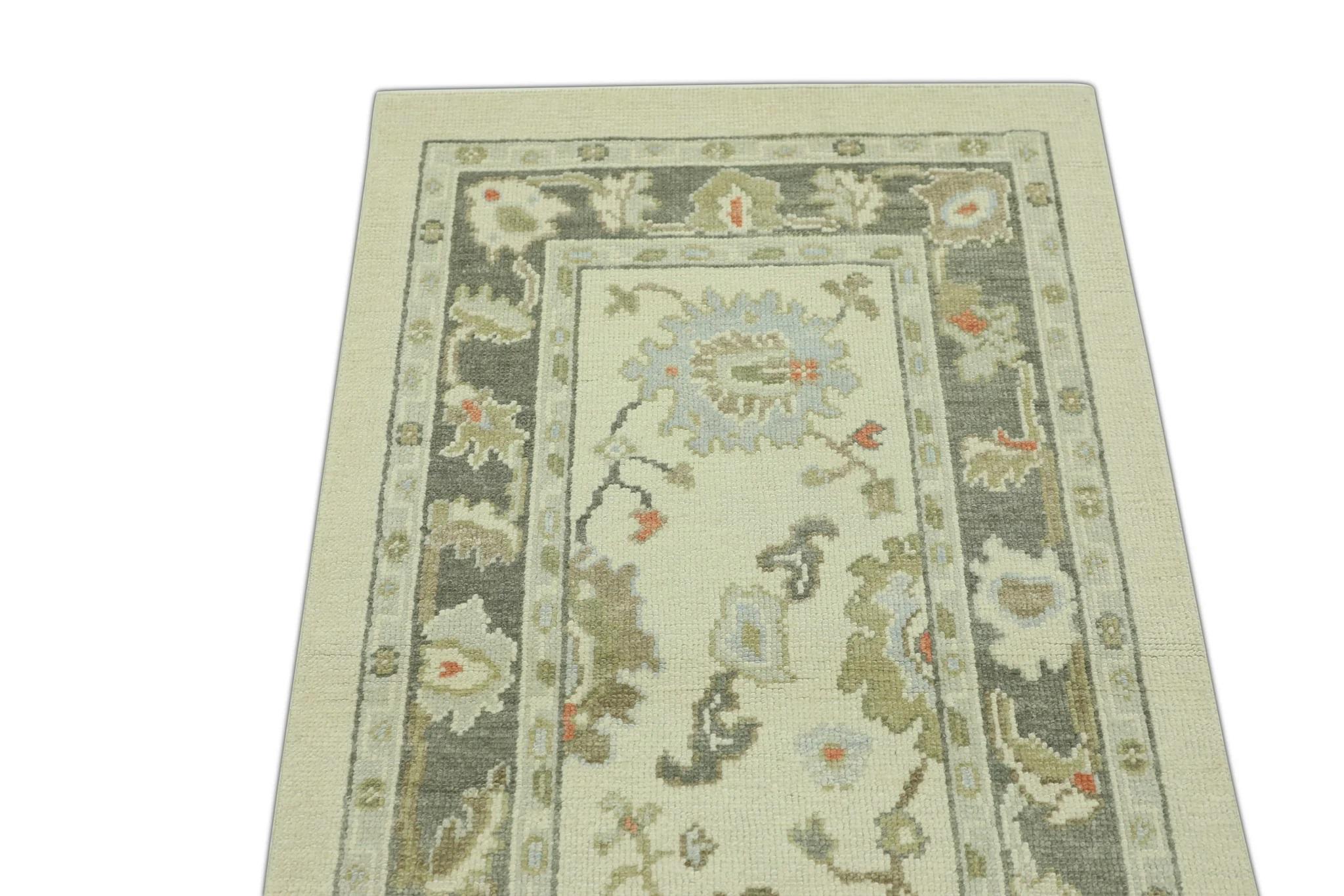 Moderno Tappeto Oushak turco in lana intrecciata a mano beige e verde 2'11