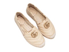 Beige Gucci Raffia & Python Logo Espadrille Flats Size 37
