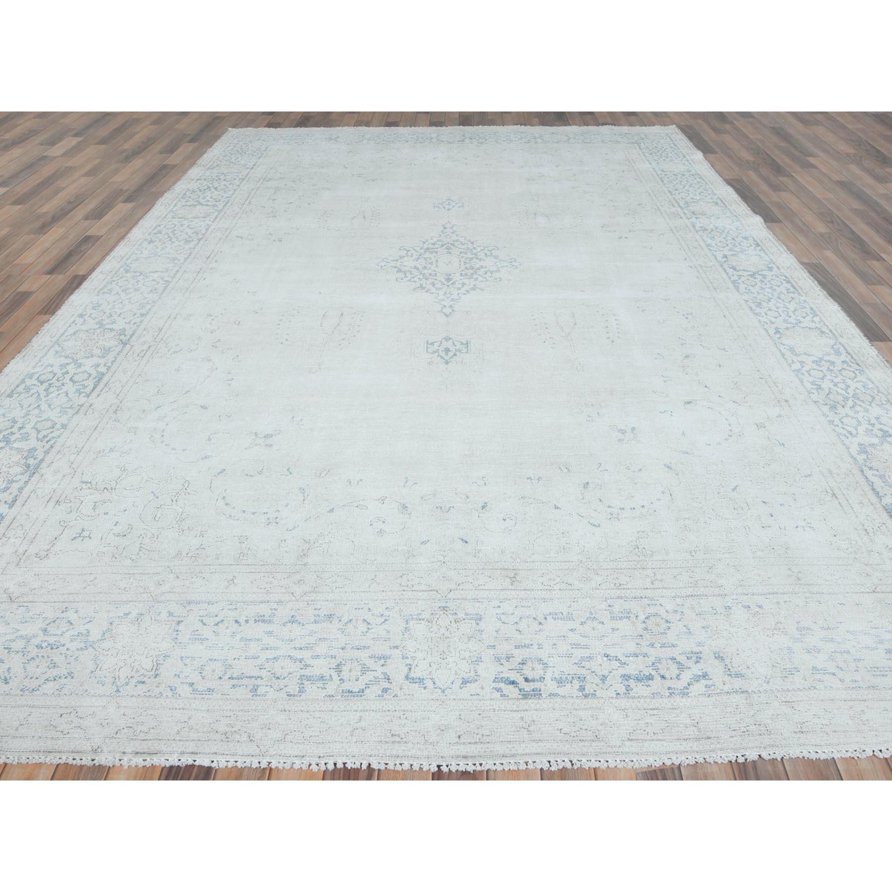Medieval Beige Hand Knotted Cropped Thin Worn Wool Distressed Look Old Persian Kerman Rug For Sale