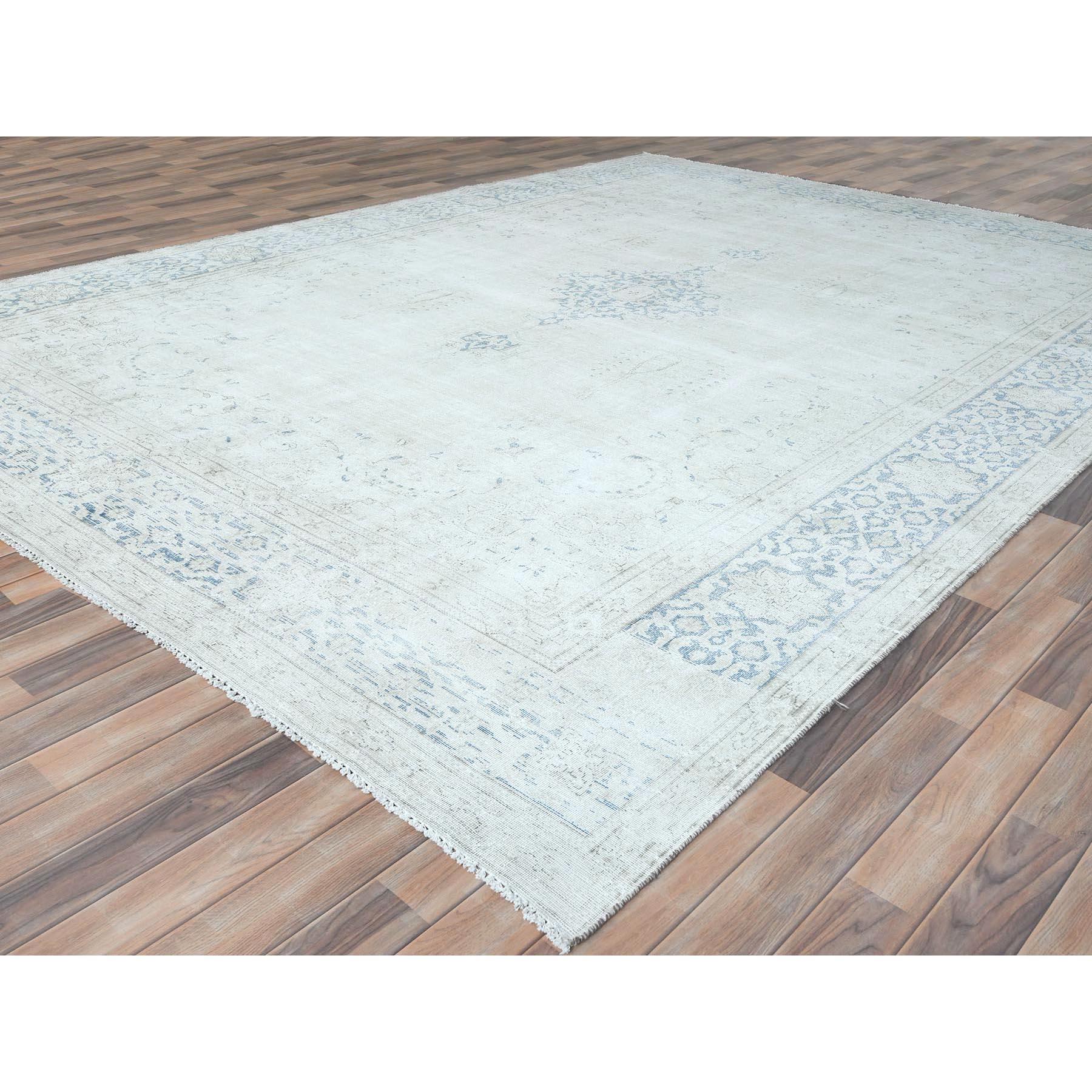 Hand-Knotted Beige Hand Knotted Cropped Thin Worn Wool Distressed Look Old Persian Kerman Rug For Sale