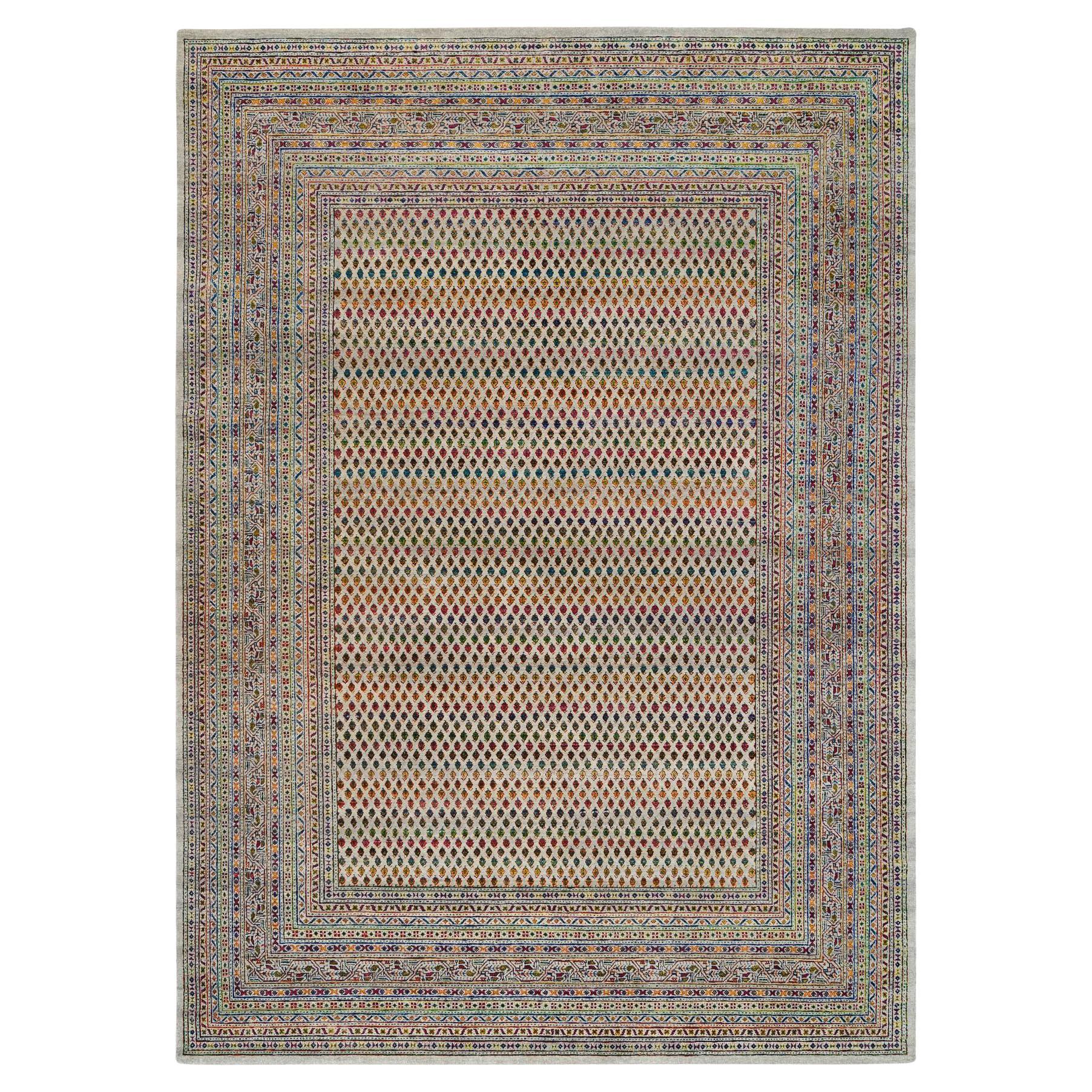 Beige Hand Knotted Sarouk Colorful Wool and Sari Silk Oriental Rug 8'8" x 12'2"
