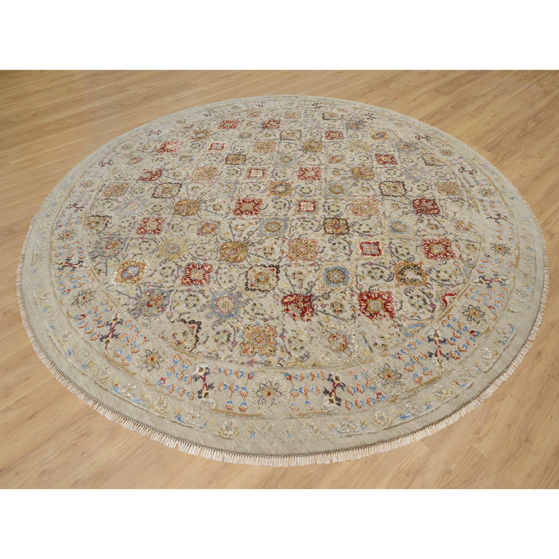 Medievale Tappeto rotondo in lana e pura seta beige annodato a mano The Sunset Rosettes 12' x 12' in vendita