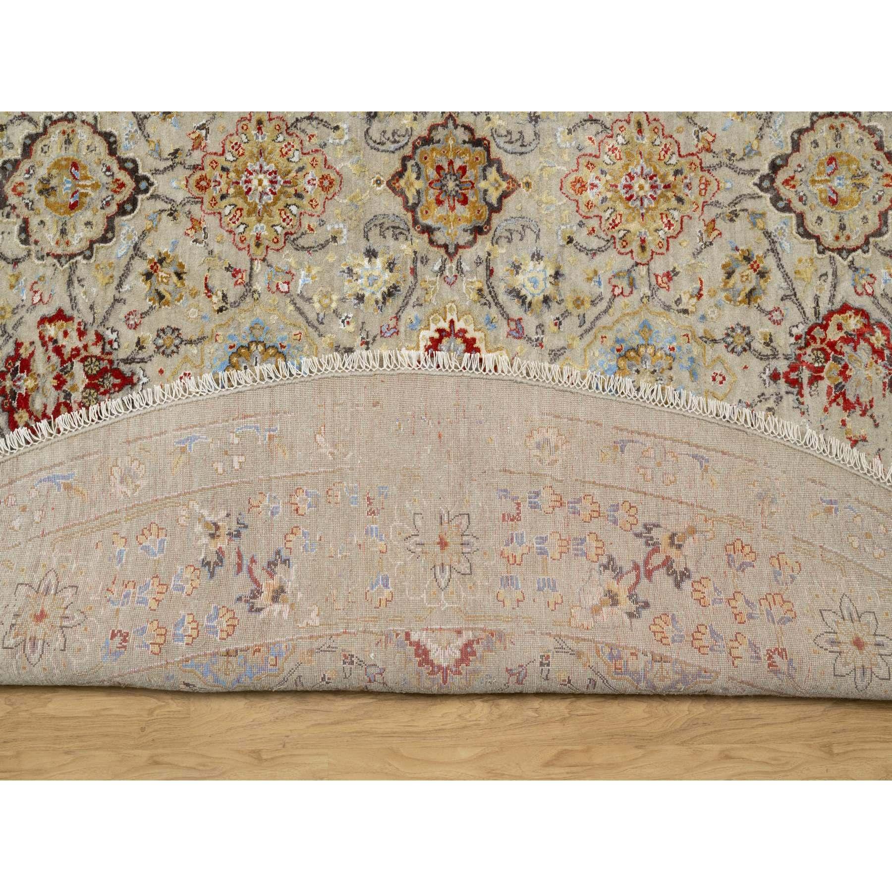 Indiano Tappeto rotondo in lana e pura seta beige annodato a mano The Sunset Rosettes 12' x 12' in vendita
