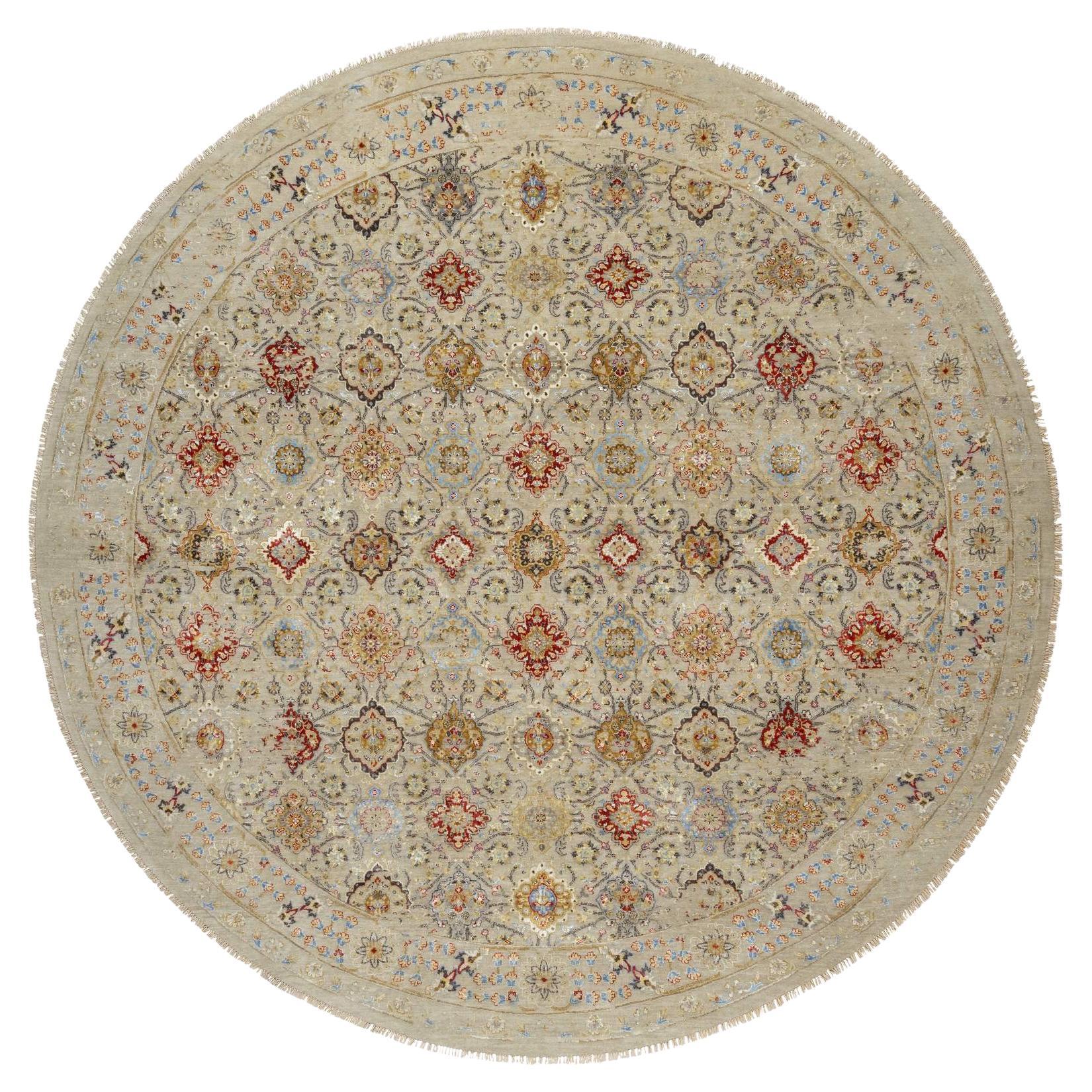 Tappeto rotondo in lana e pura seta beige annodato a mano The Sunset Rosettes 12' x 12' in vendita