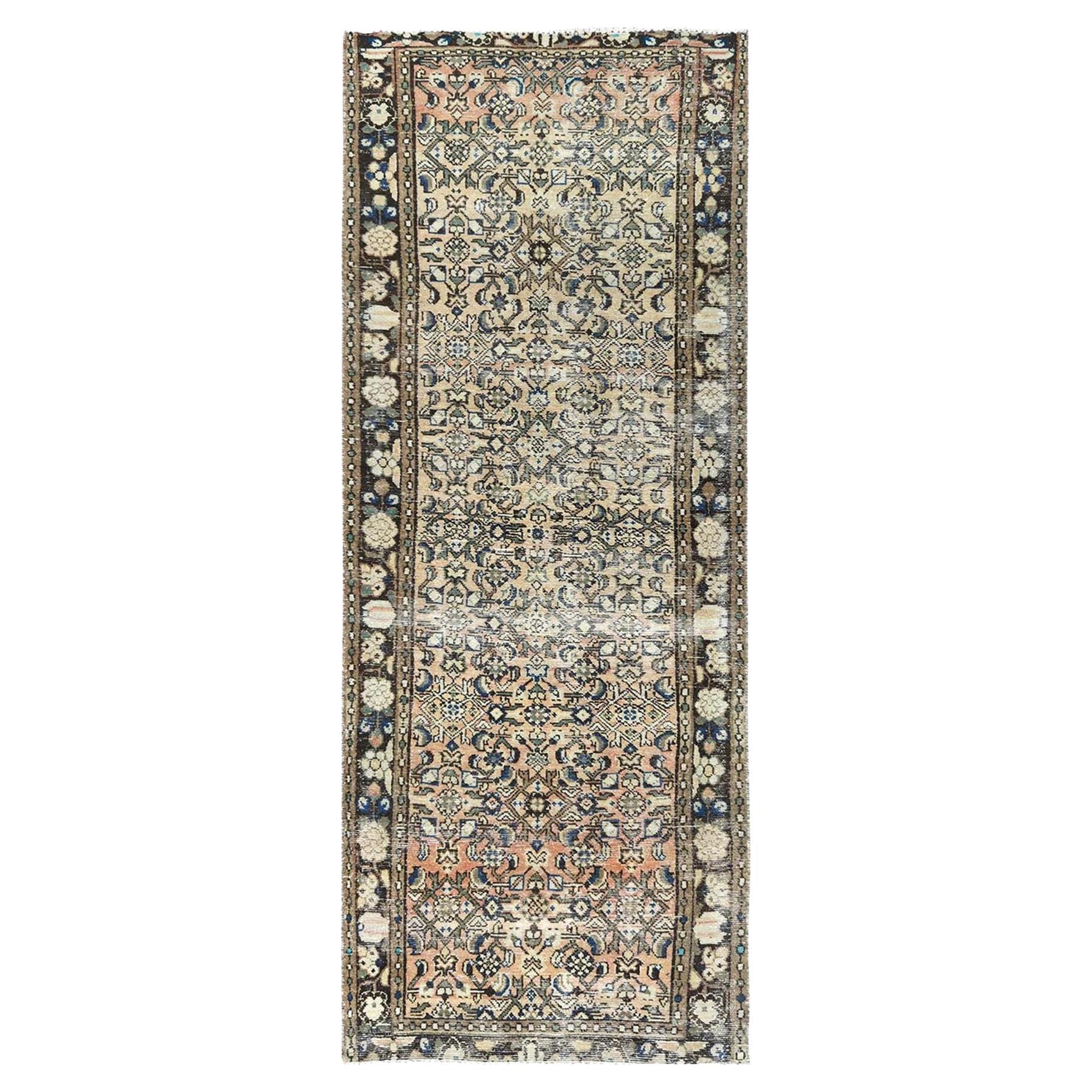 Beige Hand Knotted Vintage Persian Hamadan Clean Worn Down Pure Wool Rug For Sale