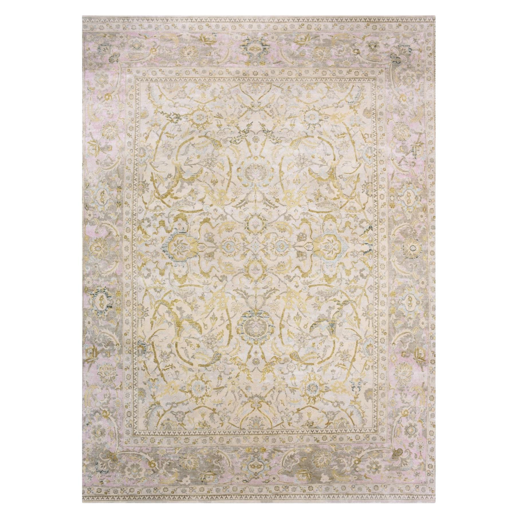 Beige Hand Knotted Wool and Silk Oushak Design XL Oriental Rug 12'0" x 15'7"