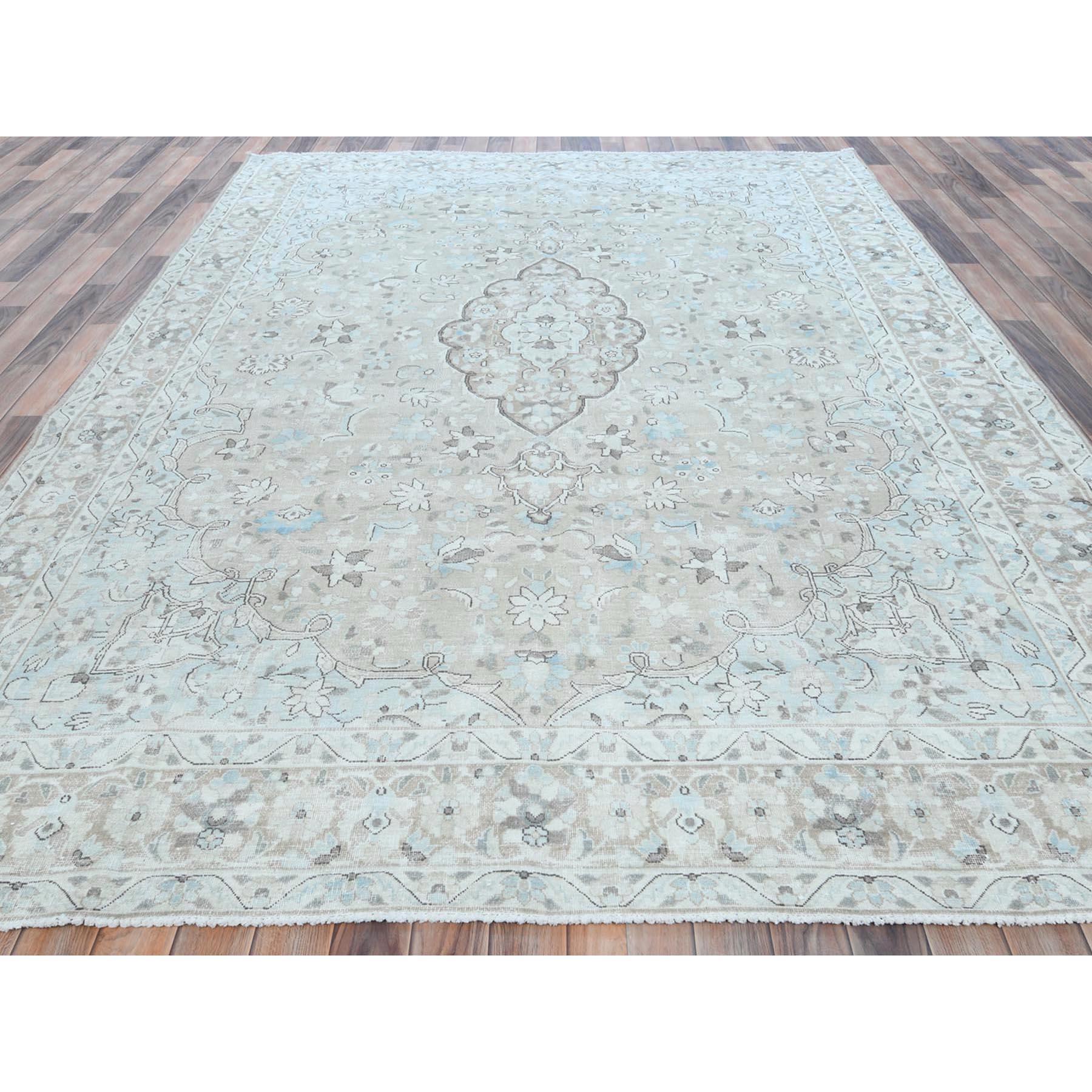 Medieval Beige Hand Knotted Worn Wool Cropped Thin Distressed Look Old Persian Kerman Rug For Sale