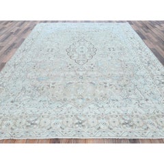 Beige Hand Knotted Worn Wool Cropped Thin Rustic Look Old Zoroastrian Karman Rug