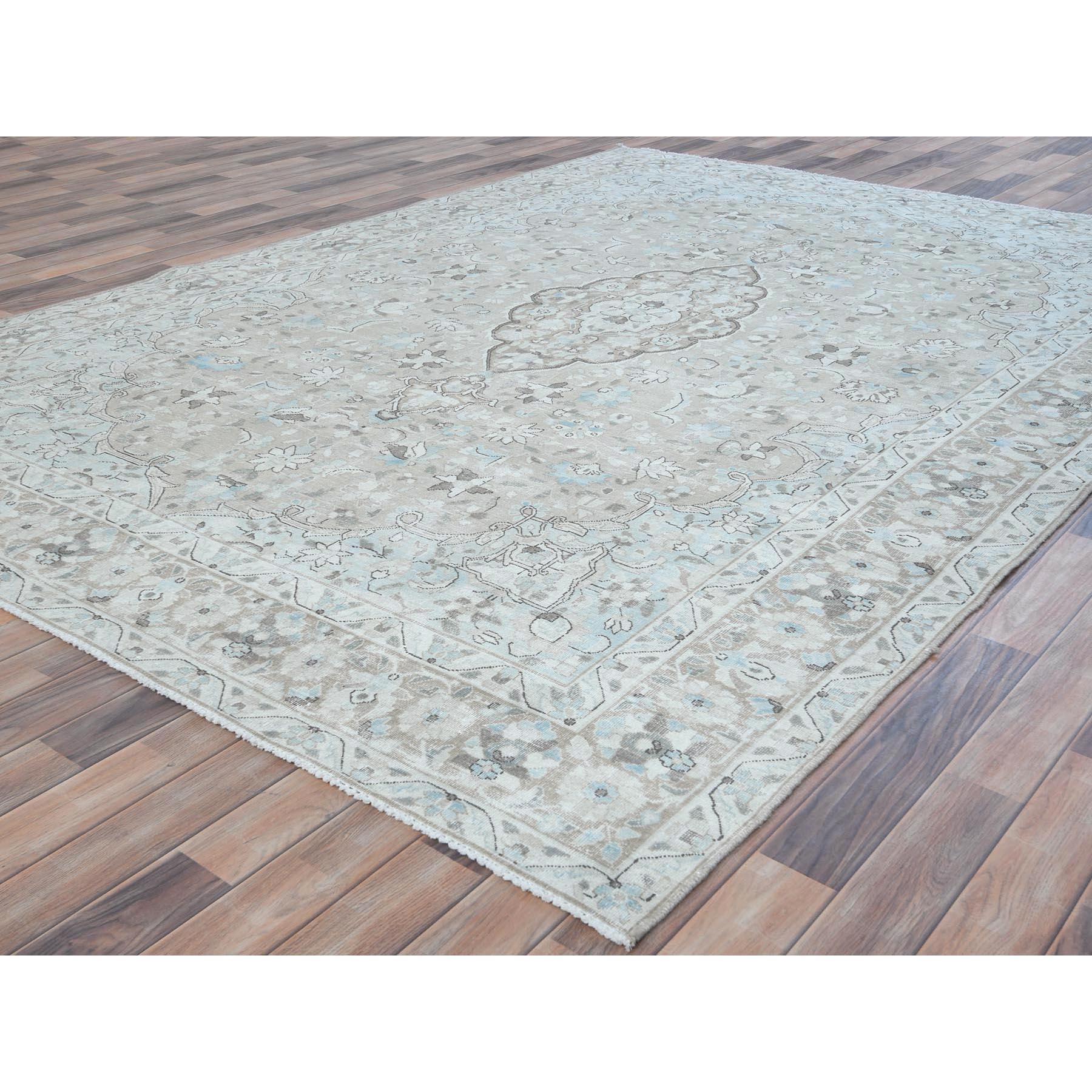 Hand-Knotted Beige Hand Knotted Worn Wool Cropped Thin Distressed Look Old Persian Kerman Rug For Sale