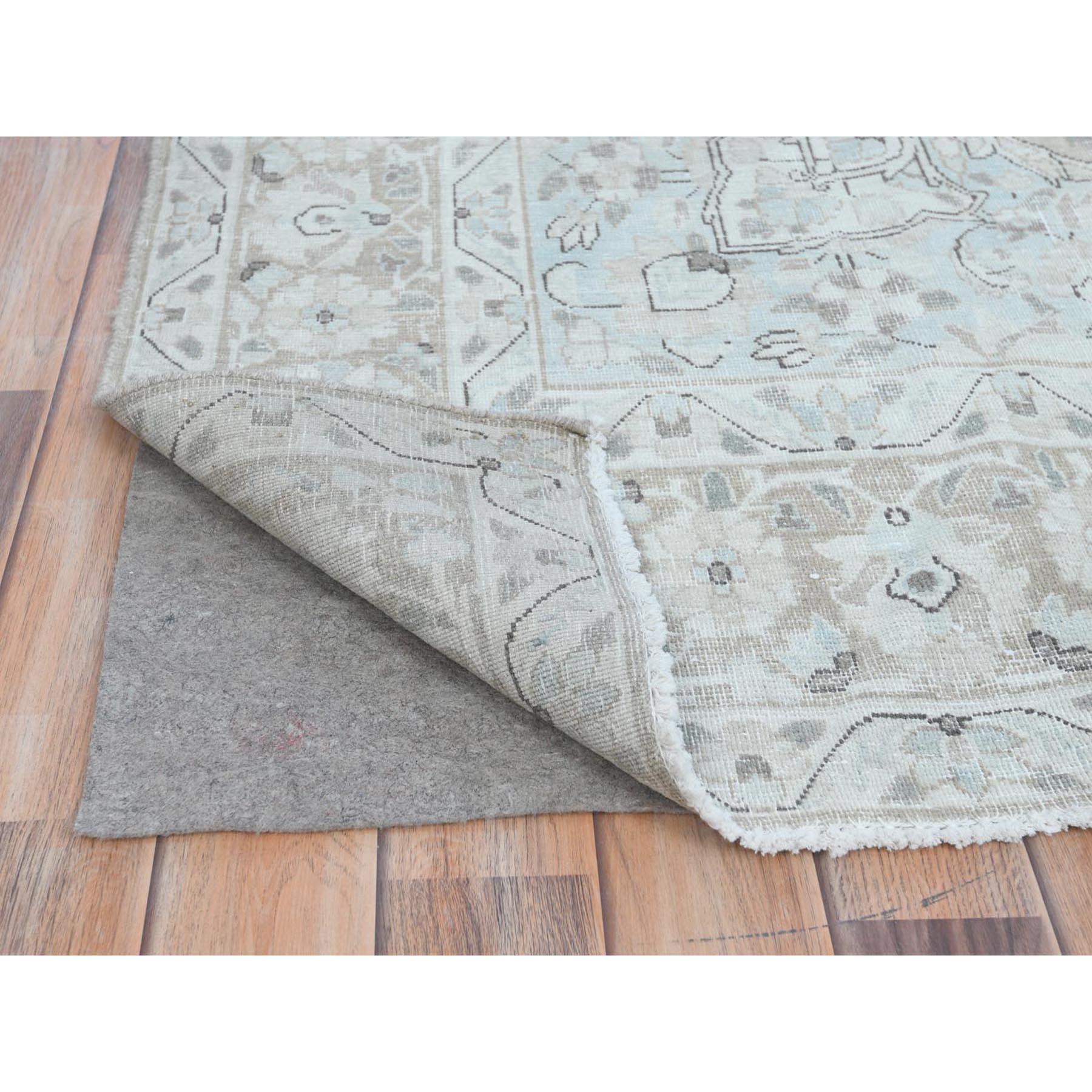 Beige Hand Knotted Worn Wool Cropped Thin Distressed Look Old Persian Kerman Rug In Good Condition For Sale In Carlstadt, NJ