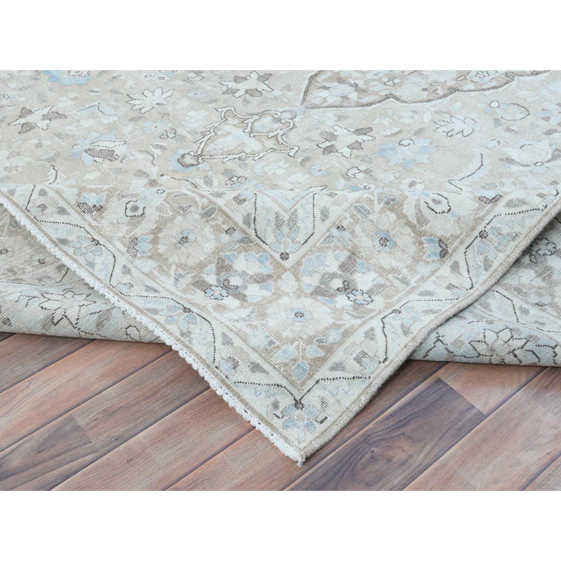 Beige Hand Knotted Worn Wool Cropped Thin Distressed Look Old Persian Kerman Rug For Sale 1