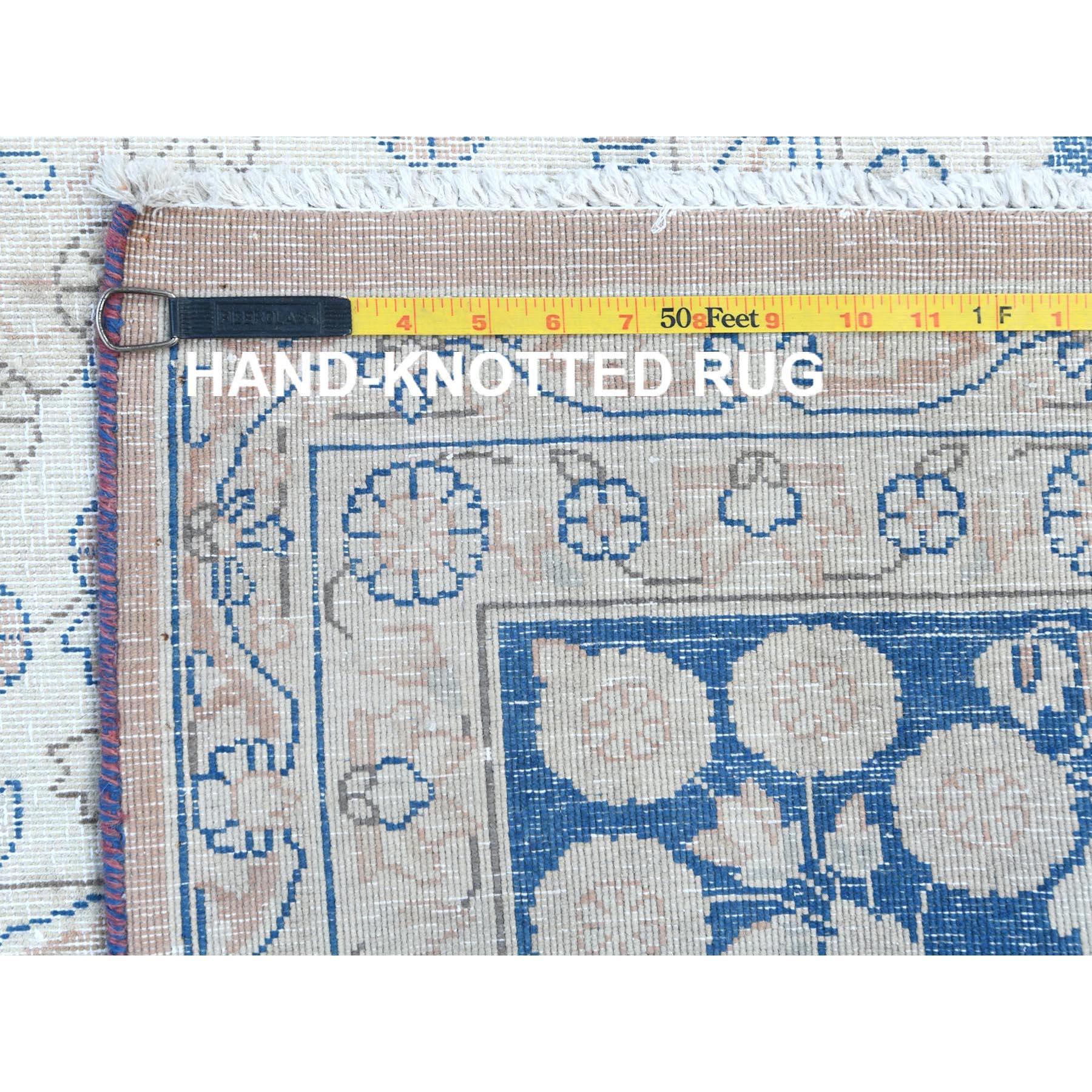 Beige Hand Knotted Worn Wool Cropped Thin Distressed Vintage Persian Kerman Rug For Sale 6