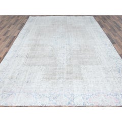 Beige Hand Knotted Wool Worn Down Cropped Thin Vintage Zoroastrian Karman Rug