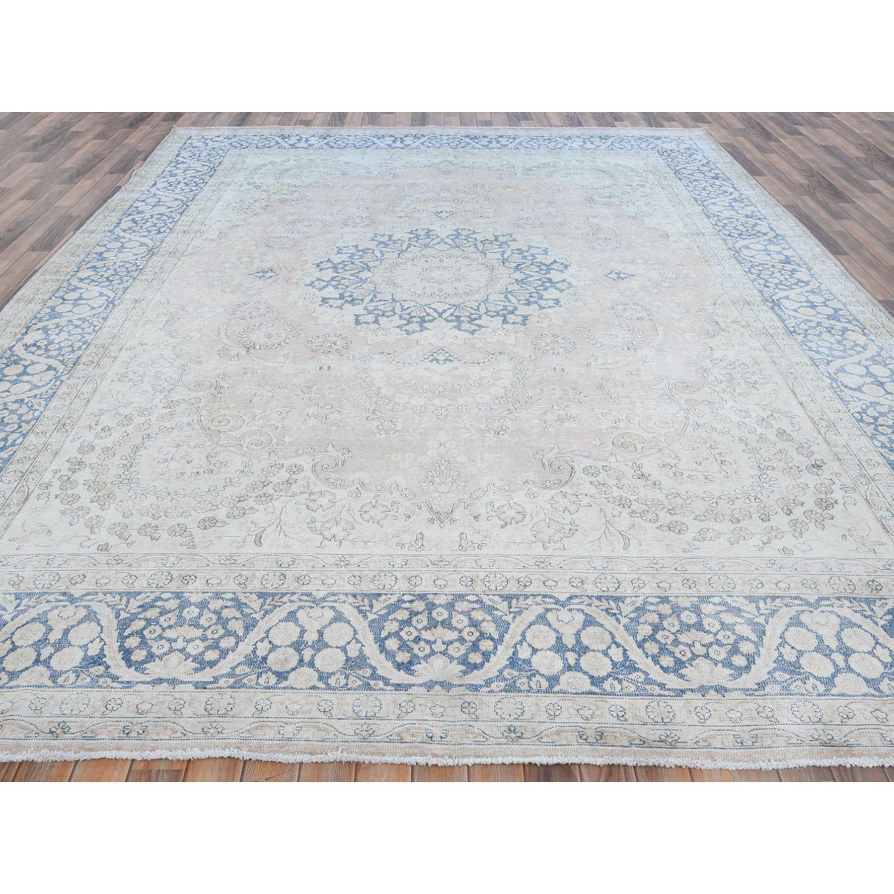 Medieval Beige Hand Knotted Worn Wool Cropped Thin Distressed Vintage Persian Kerman Rug For Sale
