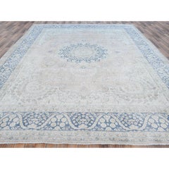 Beige Hand Knotted Worn Down Pure Wool Distressed Vintage Zoroastrian Karman Rug
