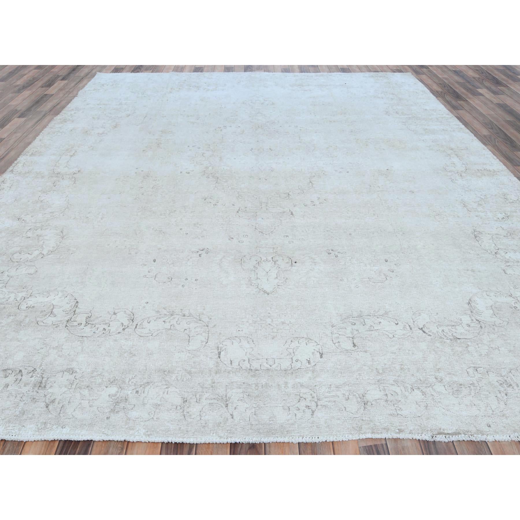 Medieval Beige Hand Knotted Worn Wool Cropped Thin Distressed Vintage Persian Kerman Rug For Sale