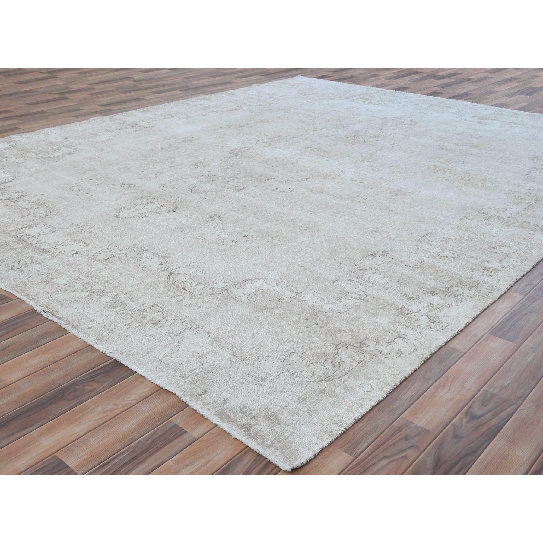 Hand-Knotted Beige Hand Knotted Worn Wool Cropped Thin Distressed Vintage Persian Kerman Rug For Sale