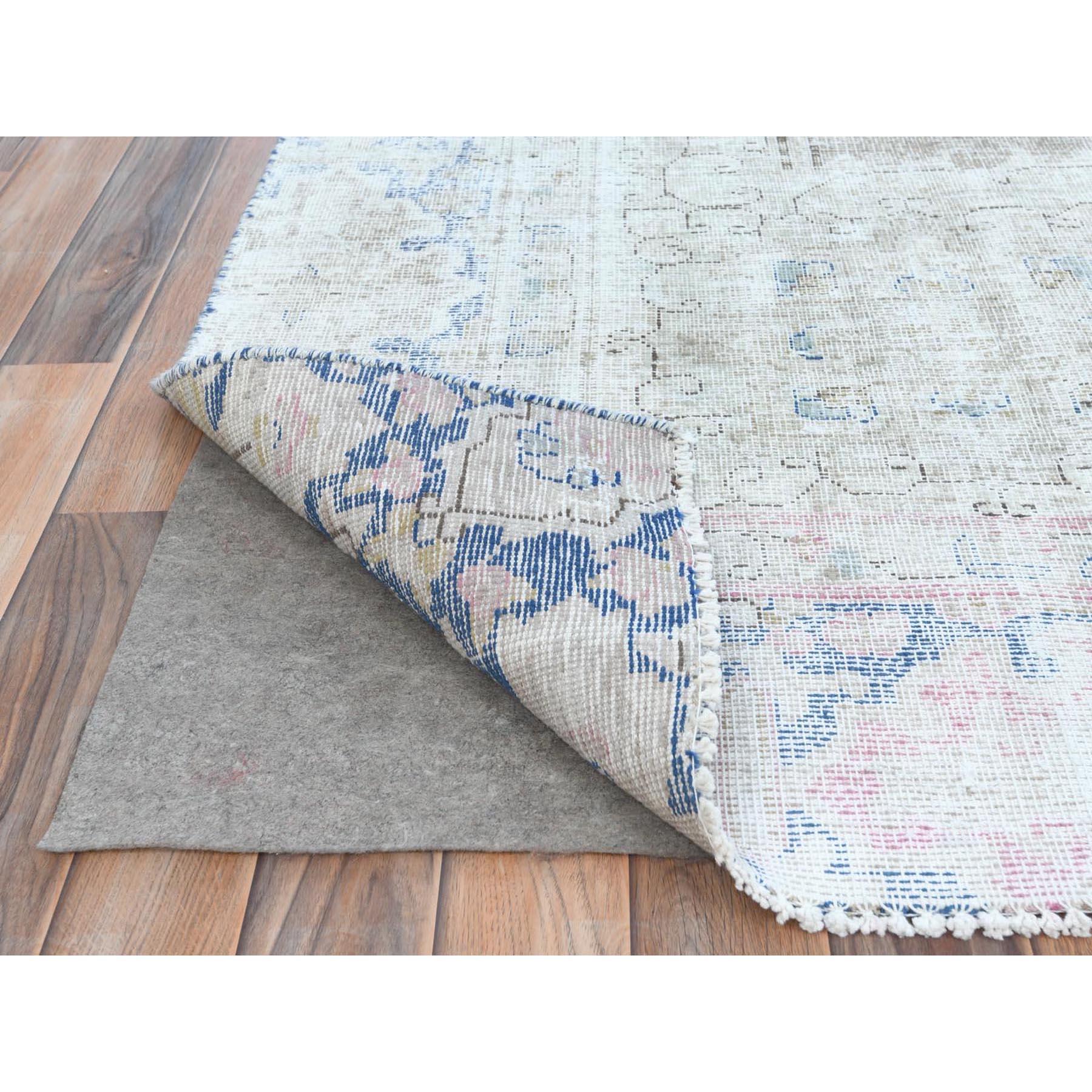Beige Hand Knotted Worn Wool Cropped Thin Distressed Vintage Persian Kerman Rug In Good Condition For Sale In Carlstadt, NJ