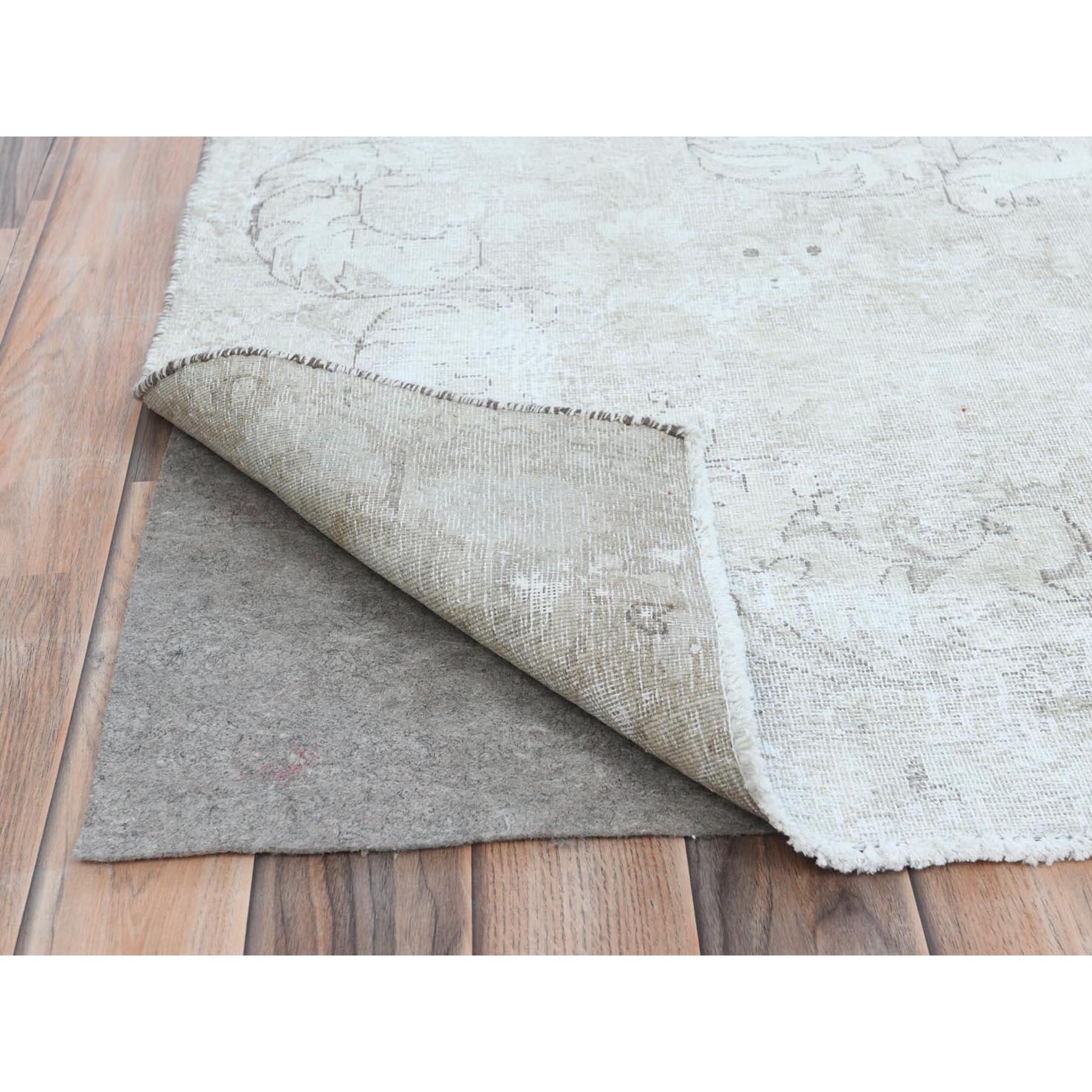 Beige Hand Knotted Worn Wool Cropped Thin Distressed Vintage Persian Kerman Rug In Good Condition For Sale In Carlstadt, NJ