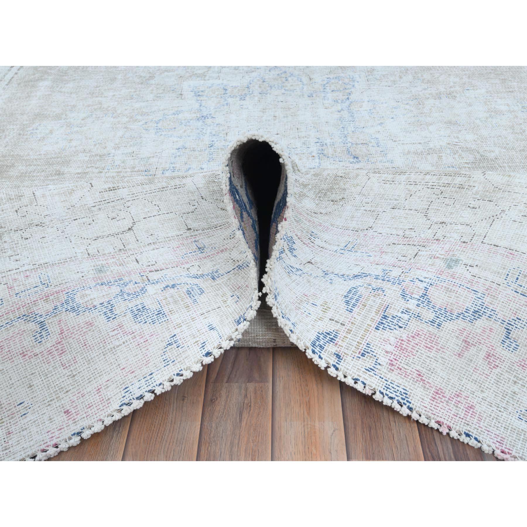 Mid-20th Century Beige Hand Knotted Worn Wool Cropped Thin Distressed Vintage Persian Kerman Rug For Sale