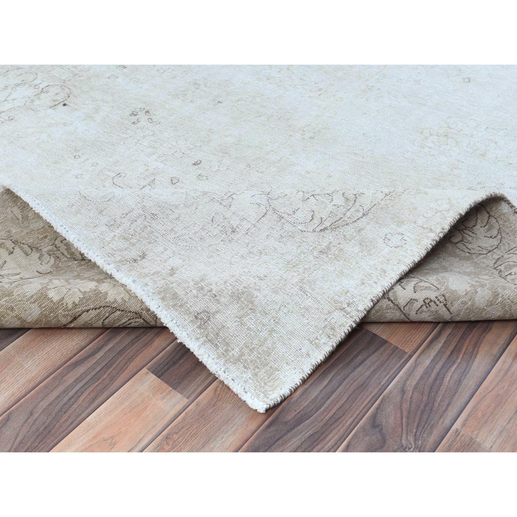Beige Hand Knotted Worn Wool Cropped Thin Distressed Vintage Persian Kerman Rug For Sale 1
