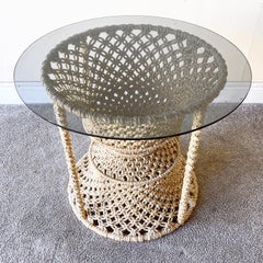 Beige Hand Woven Macrame Hourglass Glass Top Side Table
