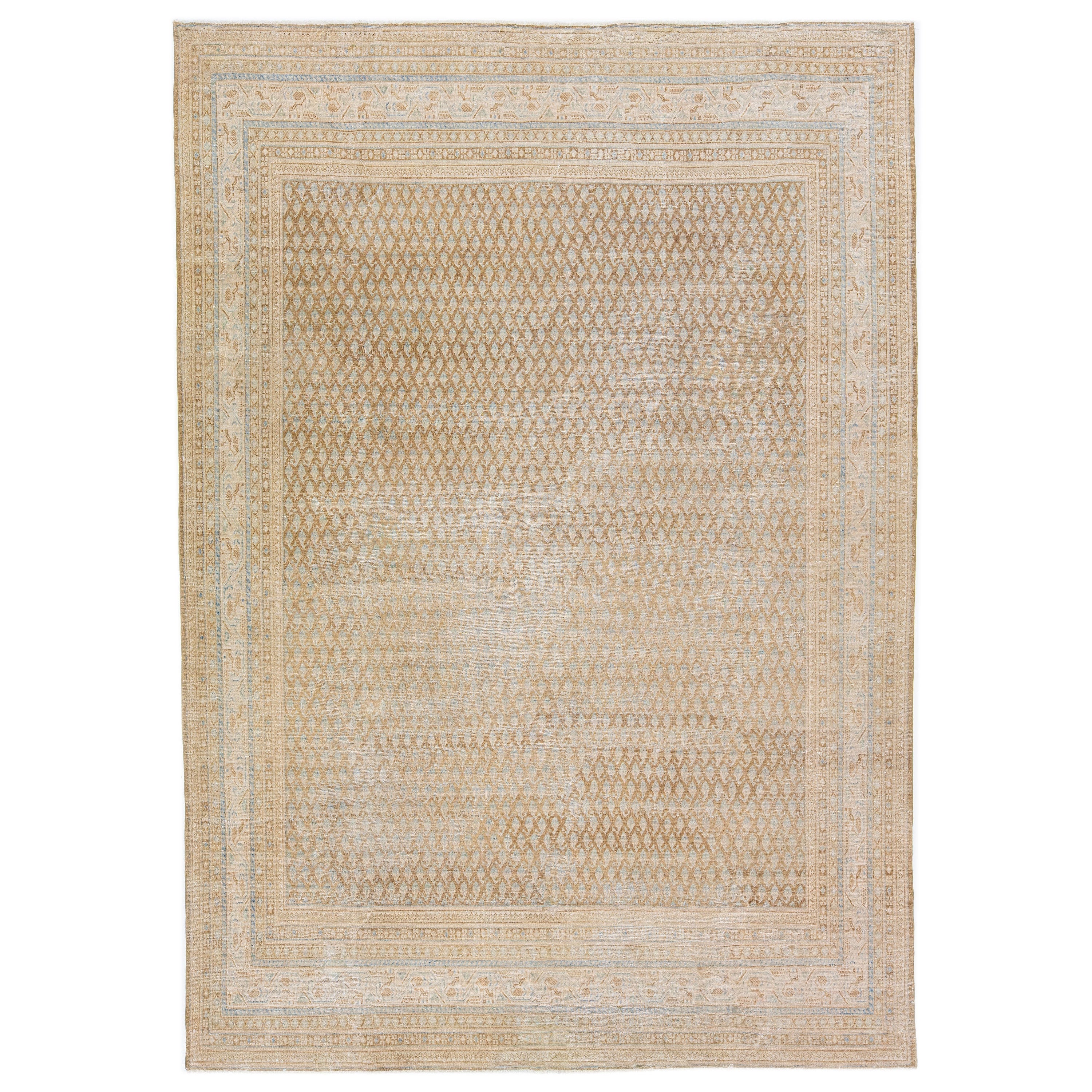Tappeto di lana Hamadan antico fatto a mano di colore beige con disegno a trifoglio