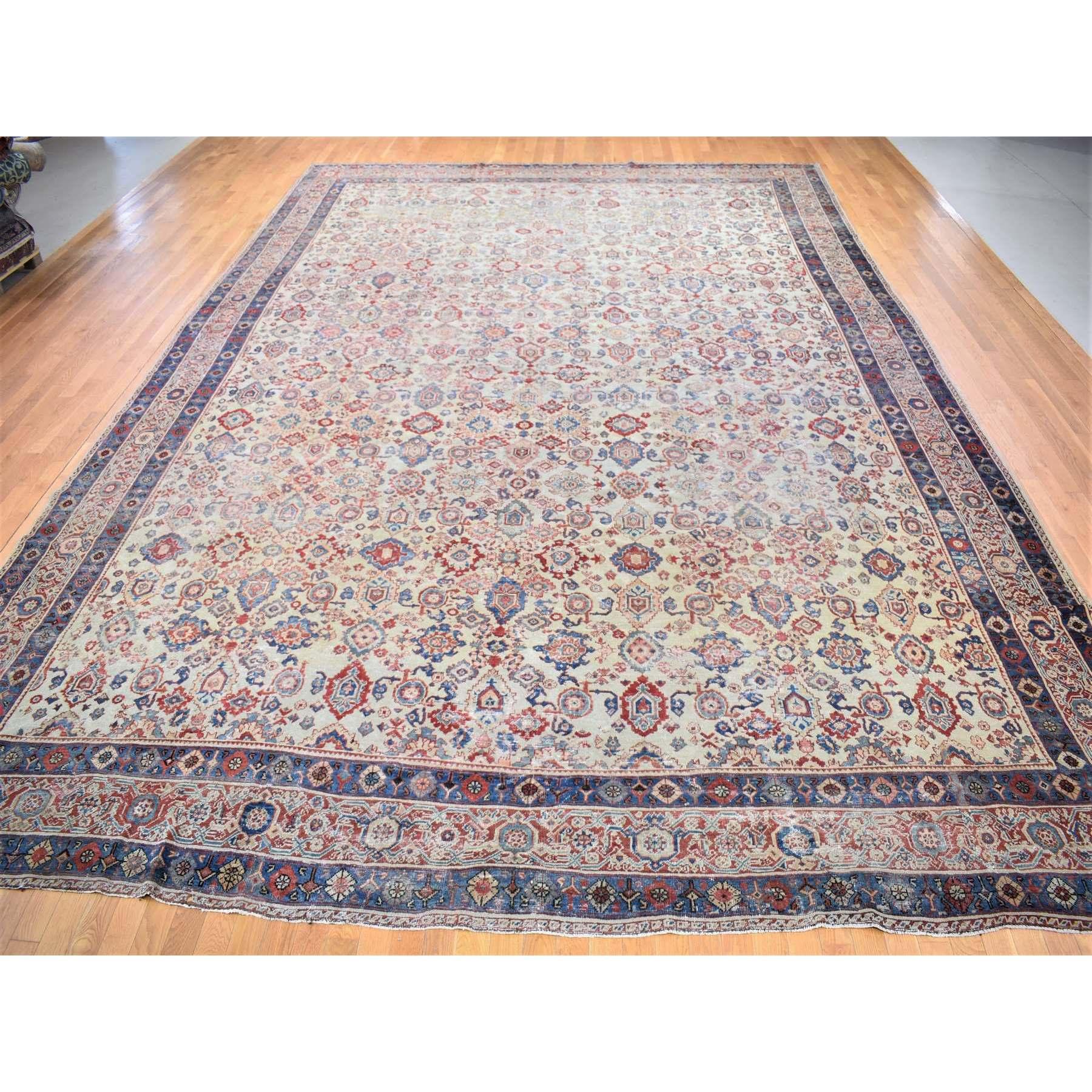 Medieval Beige, Handmade Antique Persian Mahal, Areas of Wear, Pure Wool, Oversized Rug For Sale