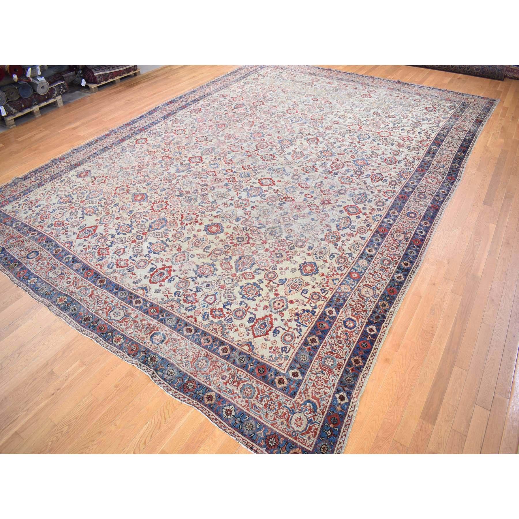 Hand-Knotted Beige, Handmade Antique Persian Mahal, Areas of Wear, Pure Wool, Oversized Rug For Sale