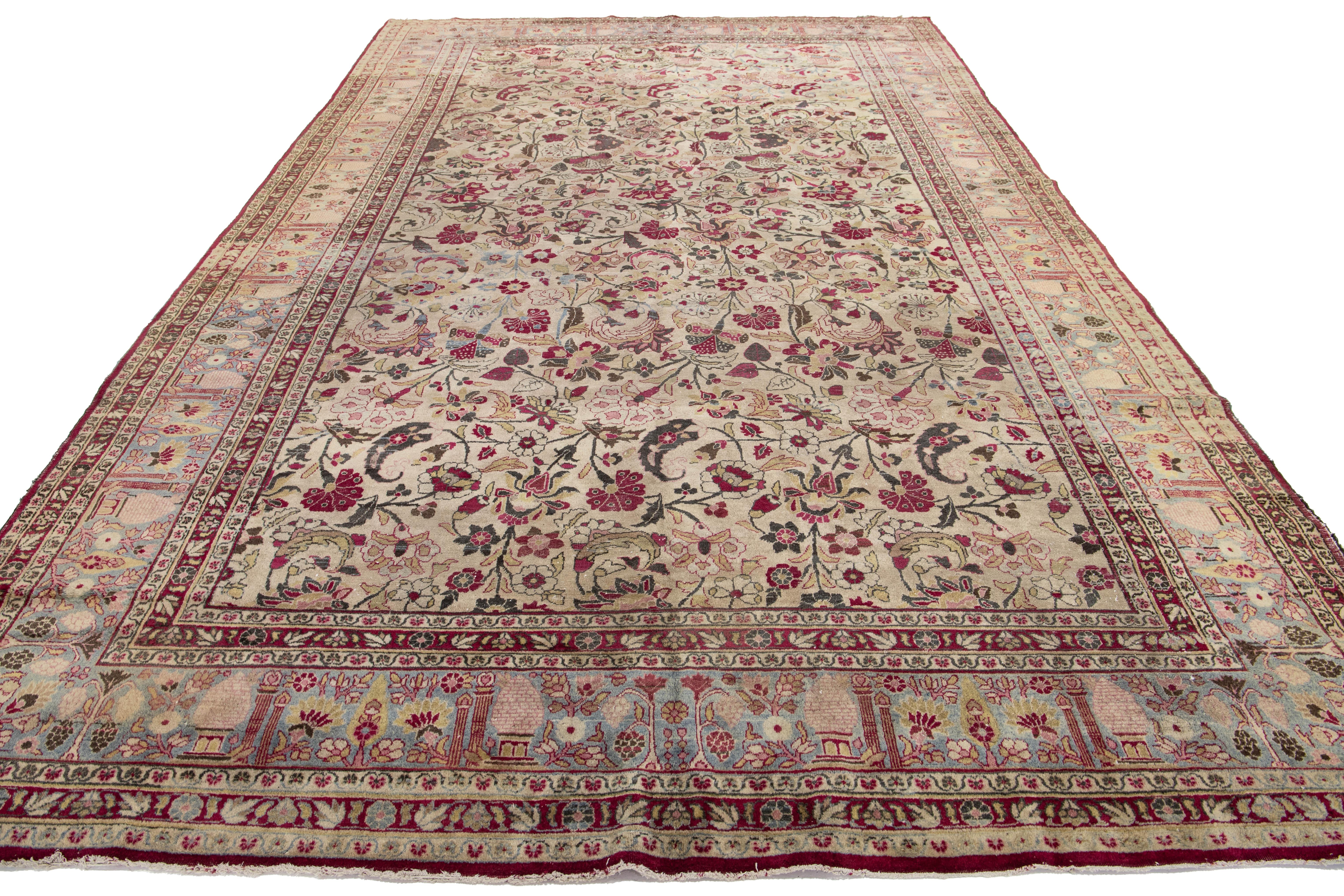 Handgefertigter antiker persischer Mashad-Wollteppich in Beige mit Blumenmuster im Angebot 2