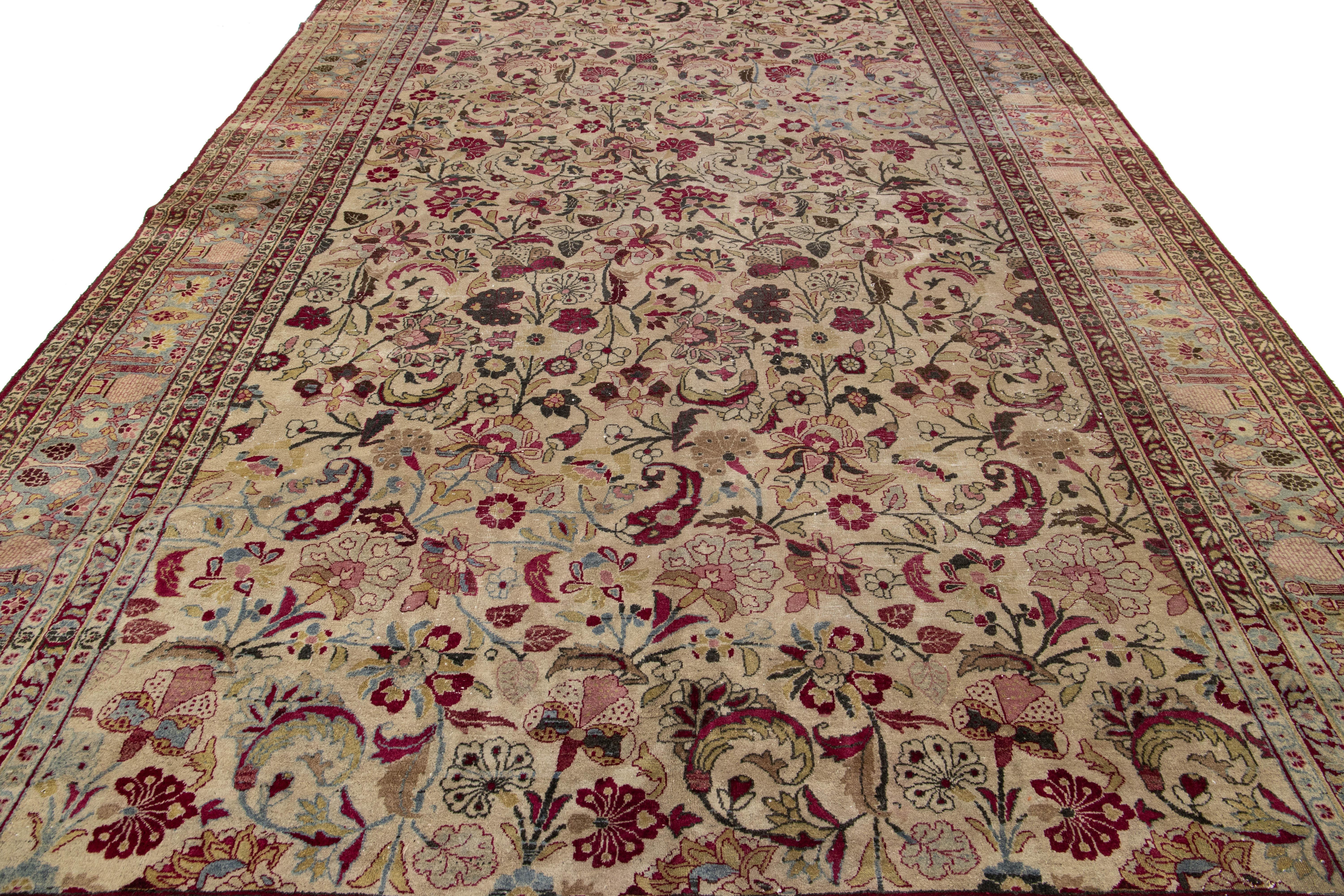 Handgefertigter antiker persischer Mashad-Wollteppich in Beige mit Blumenmuster (Wolle) im Angebot
