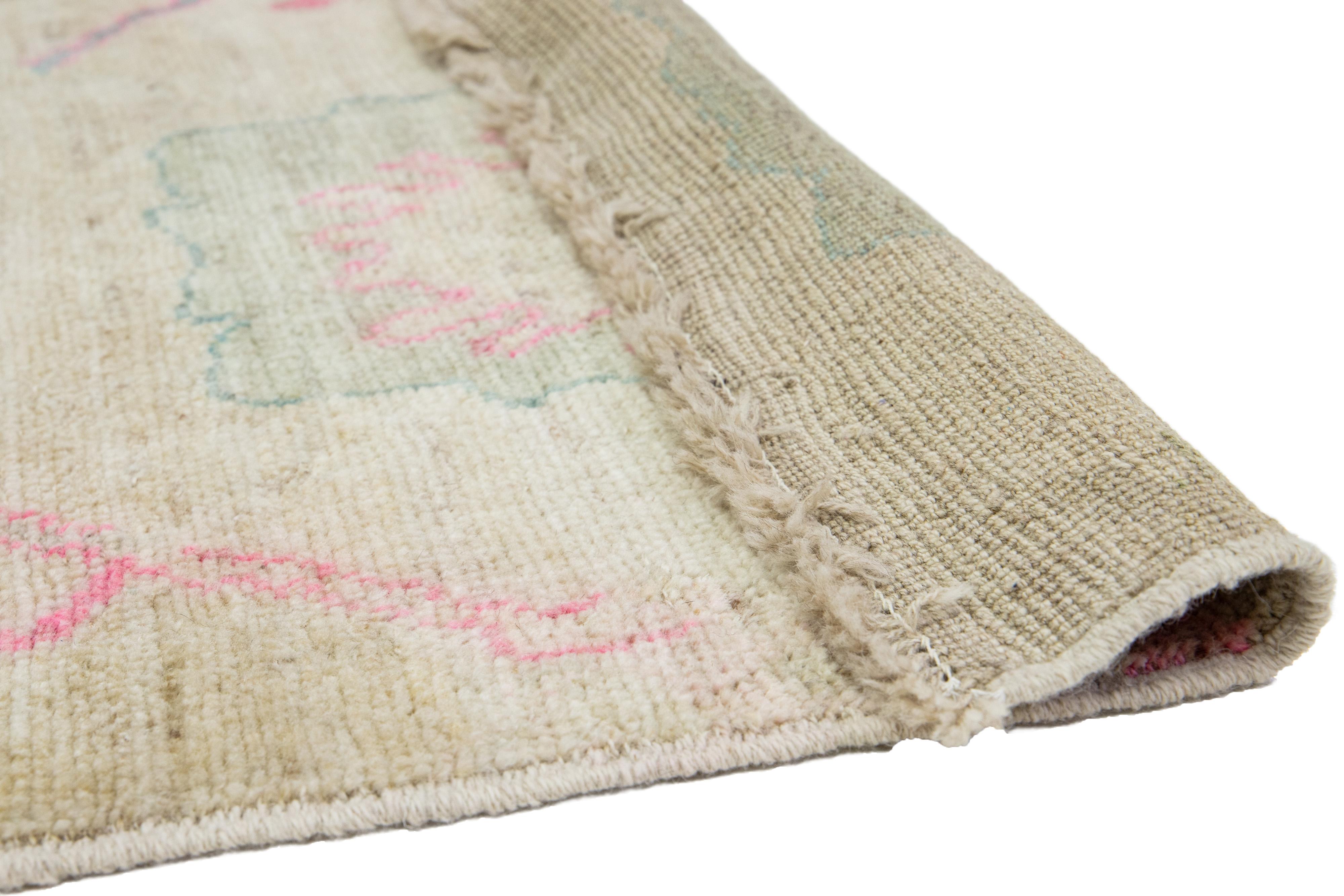 Hand-Knotted Beige Handmade Modern Turkish Oushak Wool Runner  For Sale