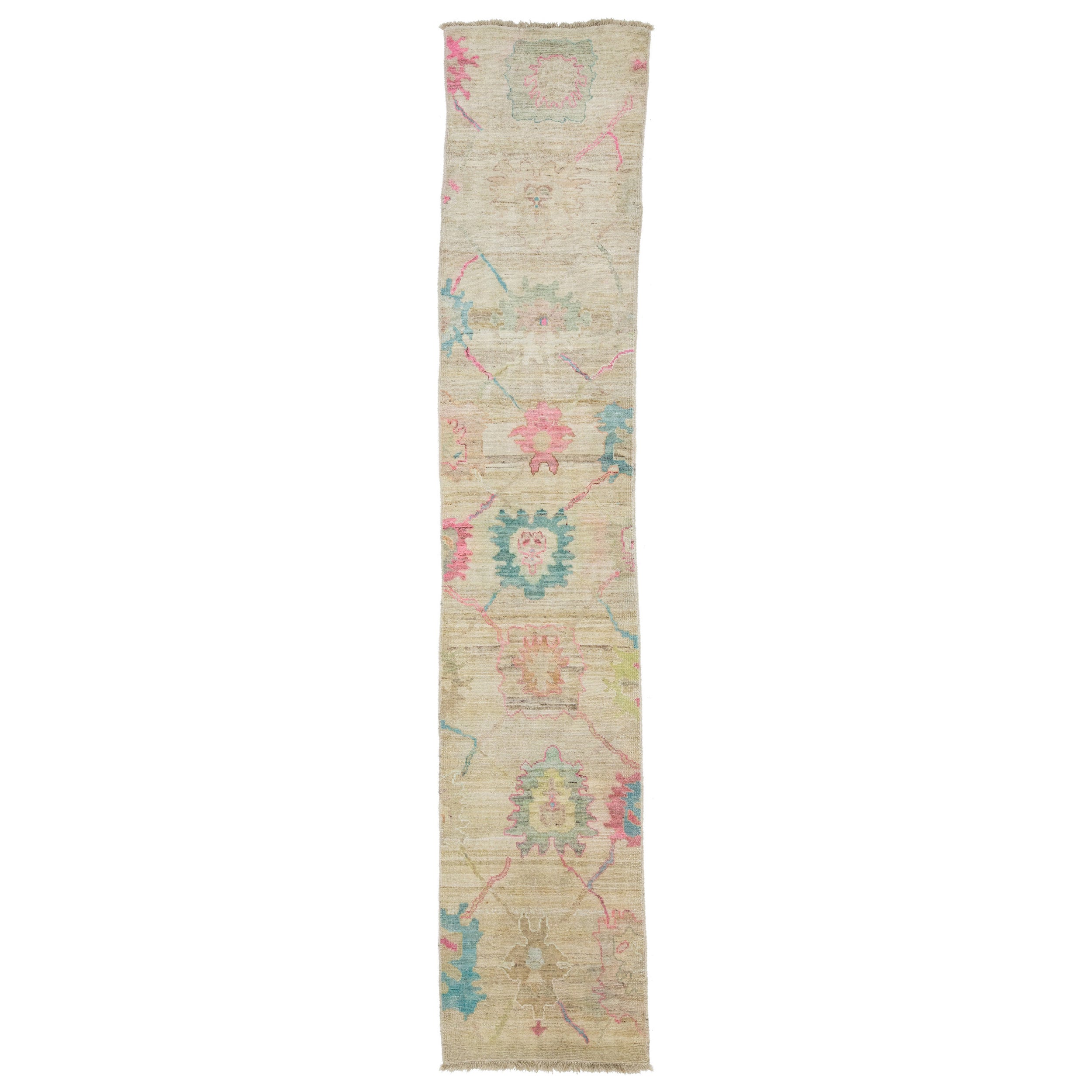 Tapis de course en laine turque Oushak beige, fait à la main et moderne