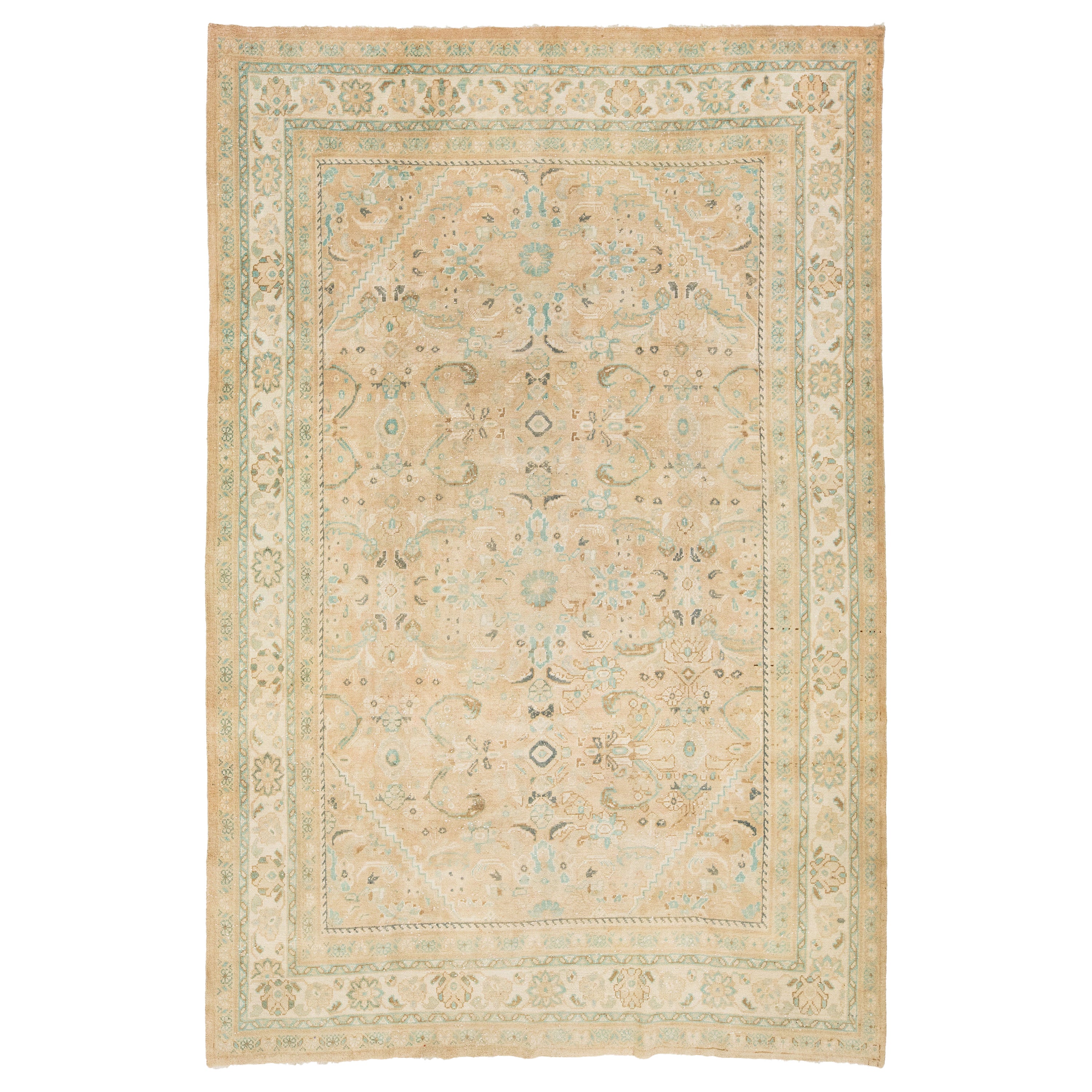 Handgefertigter persischer Mahal-Wollteppich in Beige mit Medaillon-Motiv, Vintage