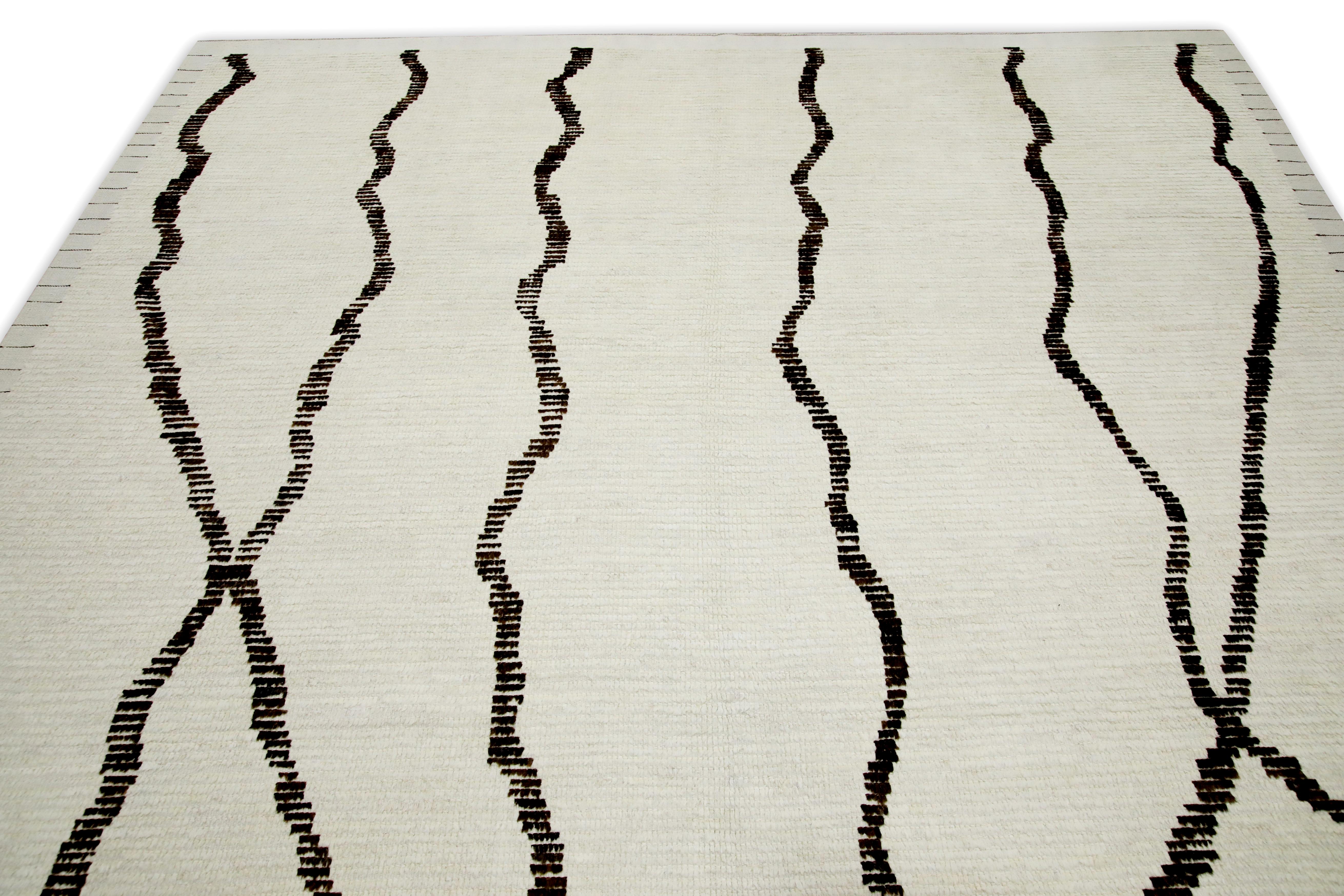 Turkish Beige Handmade Wool Tulu Rug in Brown Geometric Design 8'2