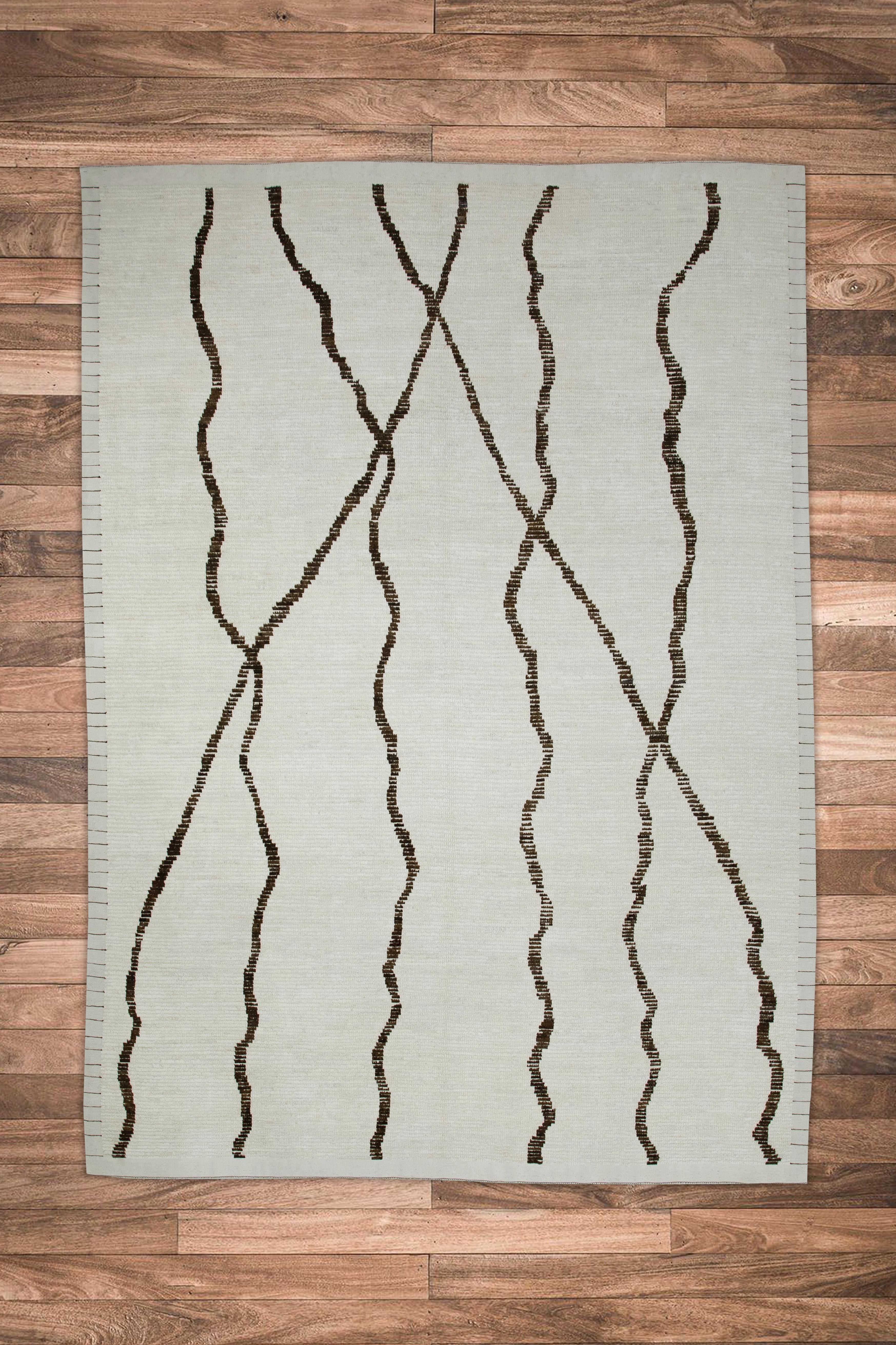 Contemporary Beige Handmade Wool Tulu Rug in Brown Geometric Design 8'2