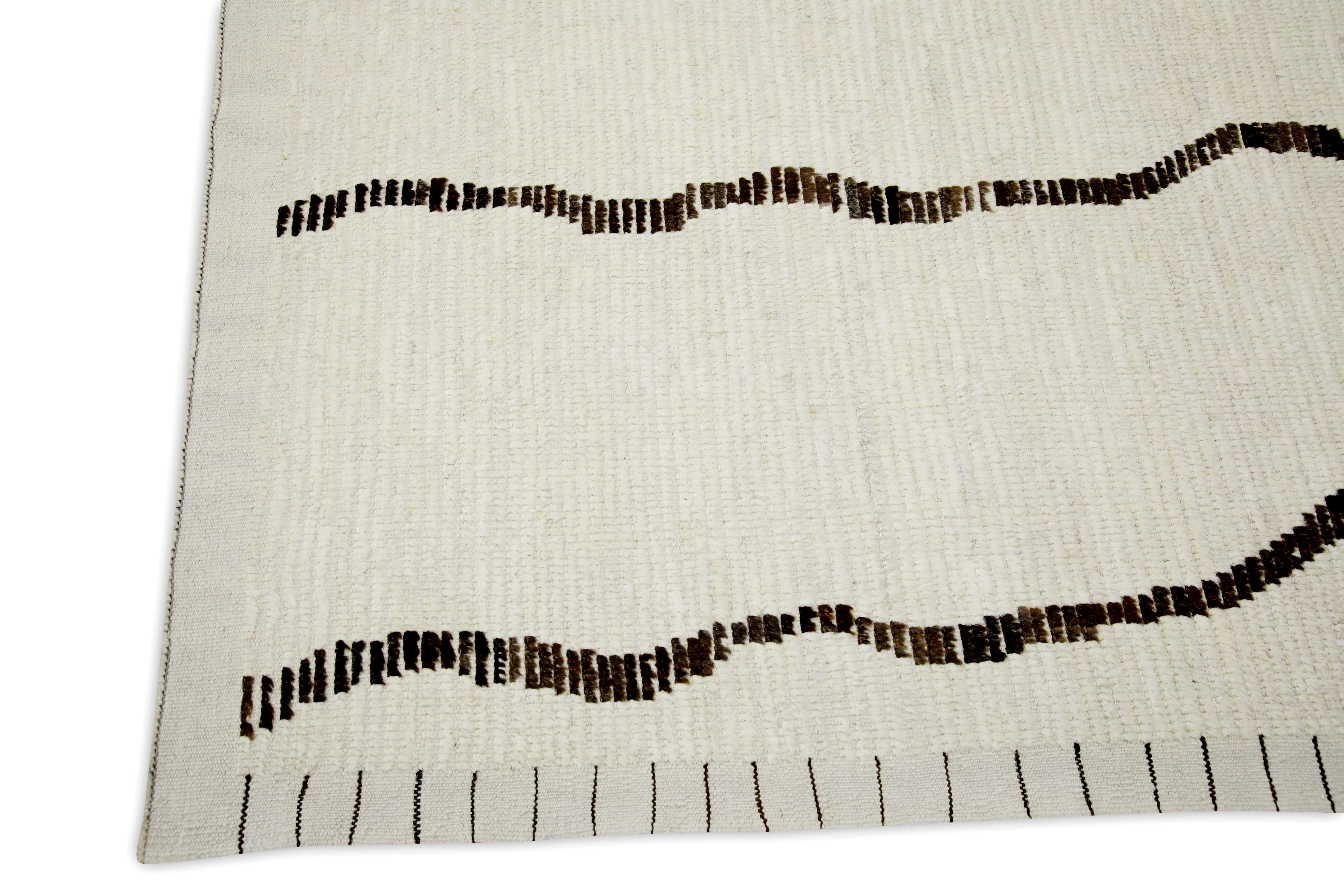 Modern Beige Handmade Wool Tulu Rug in Brown Geometric Design 8'3